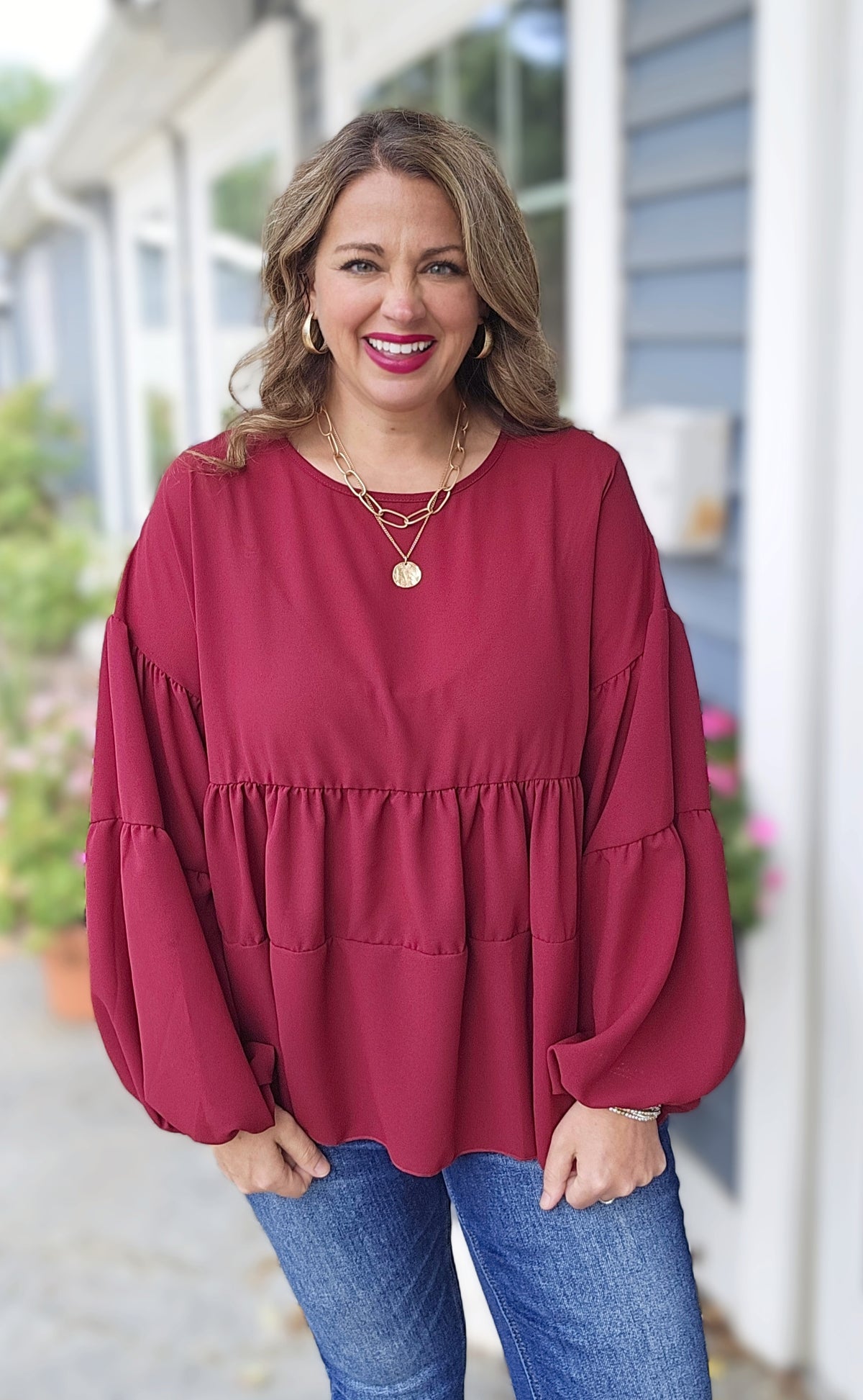 WINE TIERED BACK TIE WOVEN FLOWY TOP