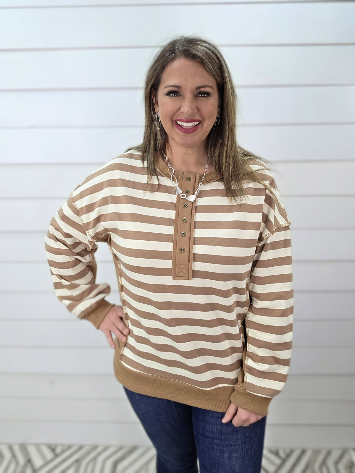 MOCHA/CREAM STRIPED BUTTON HENLEY FRECH TERRY TOP