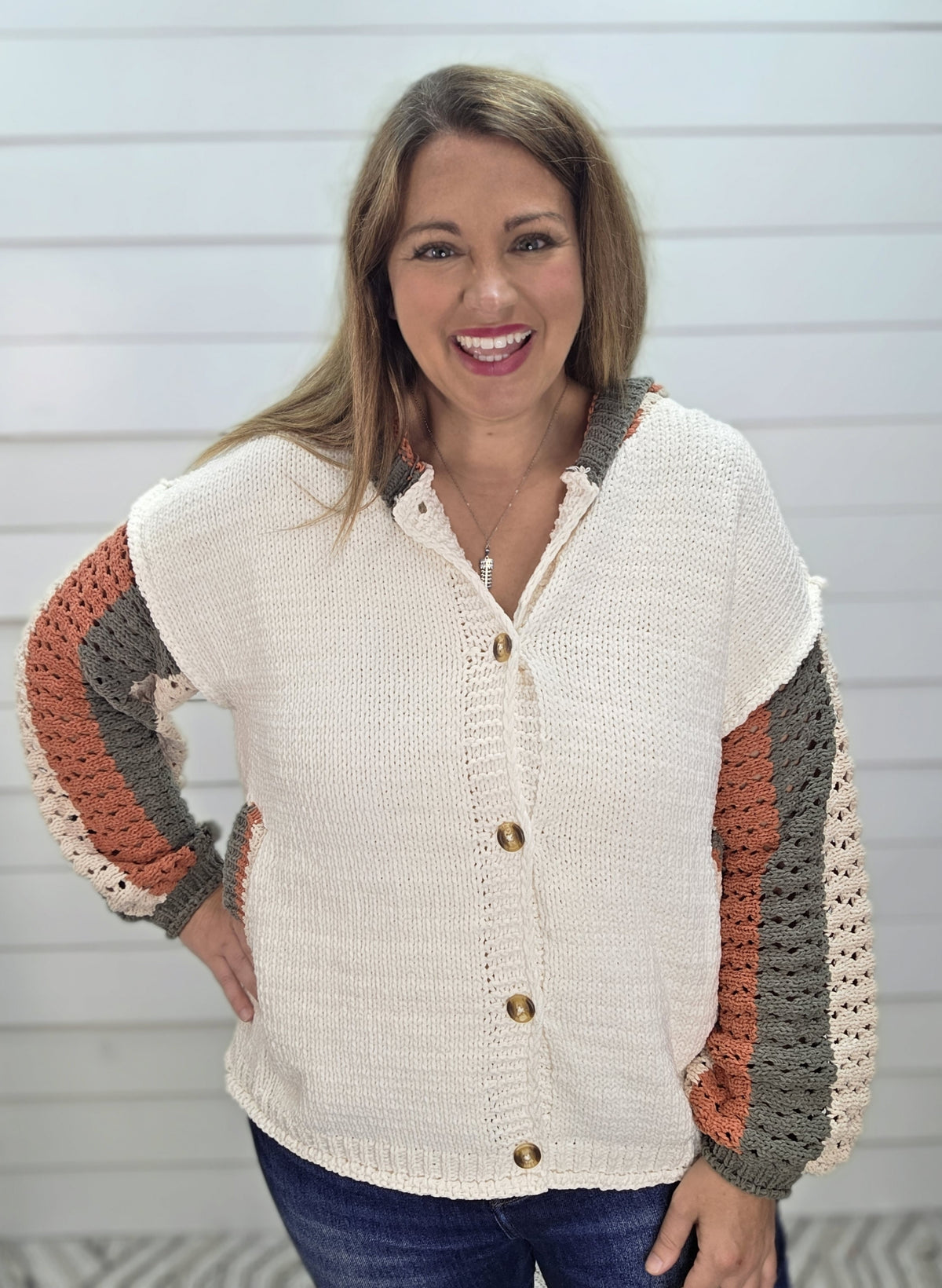 IVORY BUTTON KNIT SWEATER W/ OPEN KNIT COLORBLOCK SLEEVES