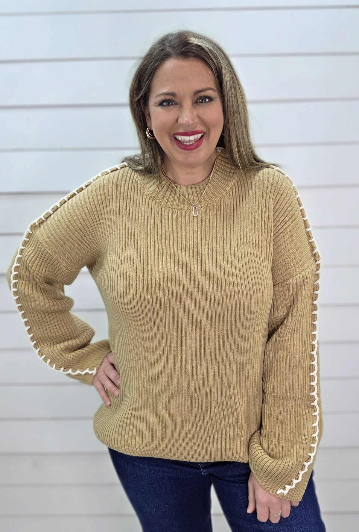 TAUPE STITCH DETAIL LOOSE FIT PULLOVER SWEATER