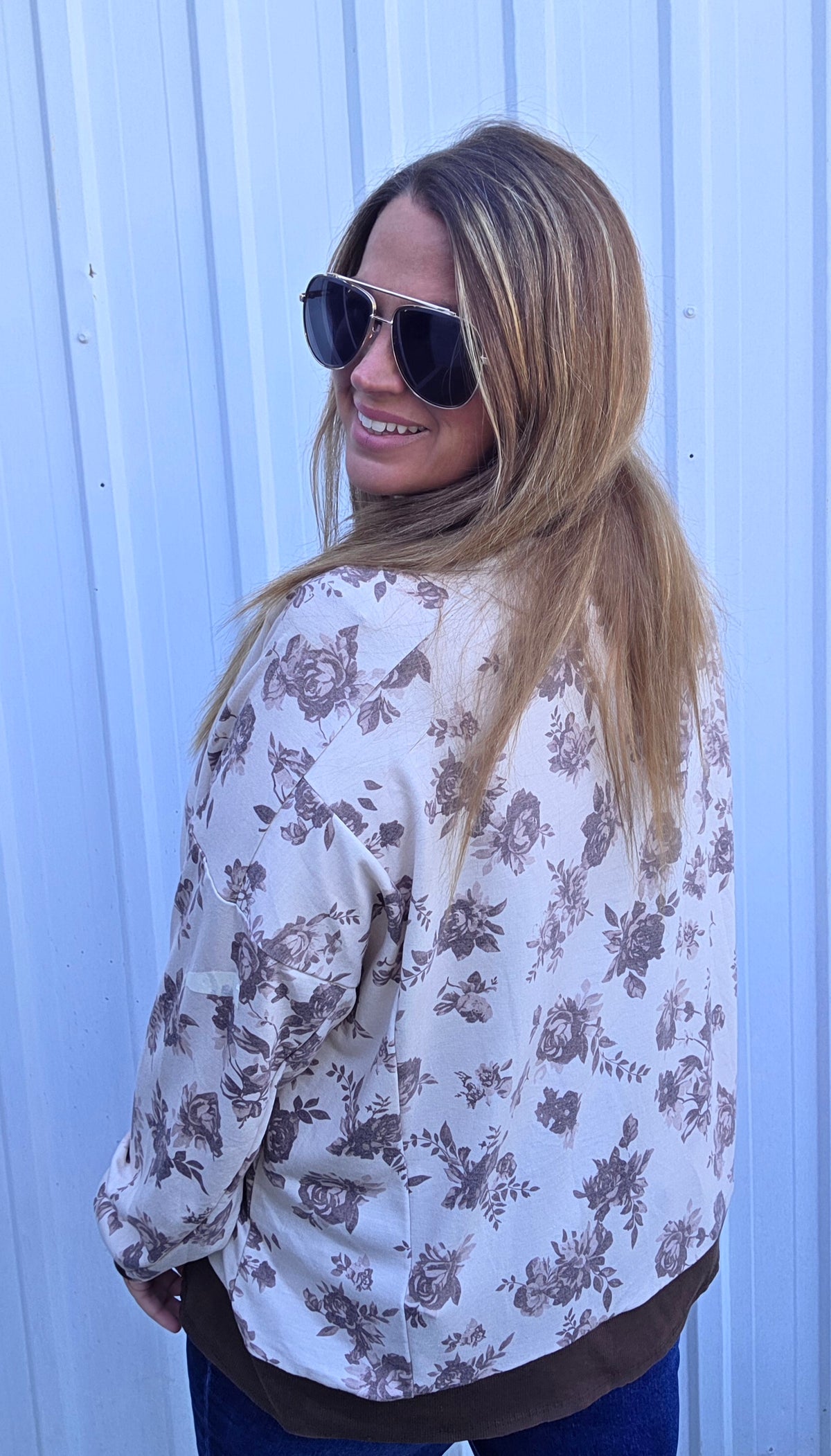 TAUPE/BROWN Drop Shoulder Long Sleeve Oversized Loose Fit Floral Print Knit Top With Ribbed Trim