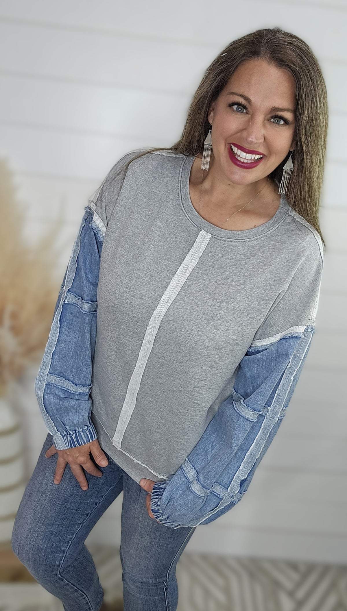 GREY FRENCH TERRY PULLOVER WITH DENIM SLEEVE TOP