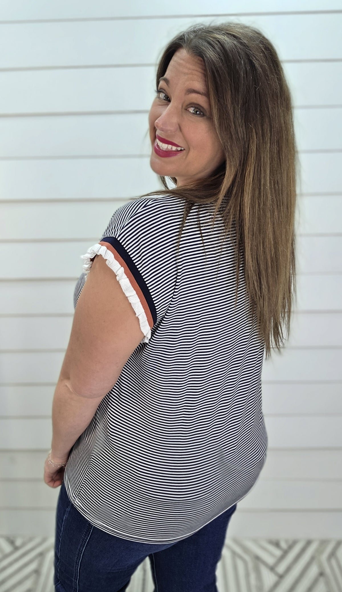 NAVY PINSTRIPED KNIT TOP W/  COLORBLOCK SLEEVES