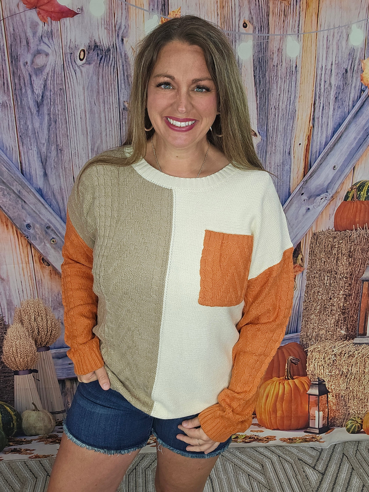 ORANGE FLAME COLORBLOCK PATCHED POCKET DROP SHOULDER SWEATER