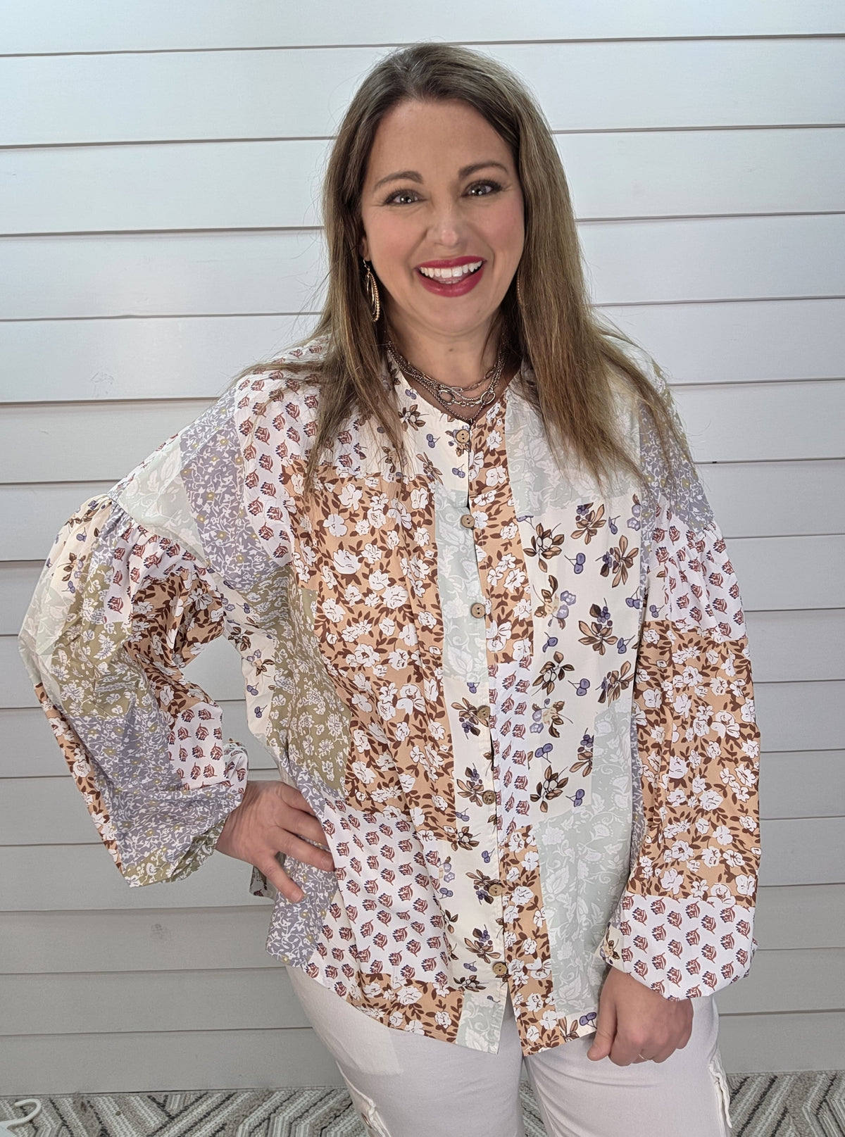 CREAM MULTI PRINT BUTTON BOHO WOVEN TOP