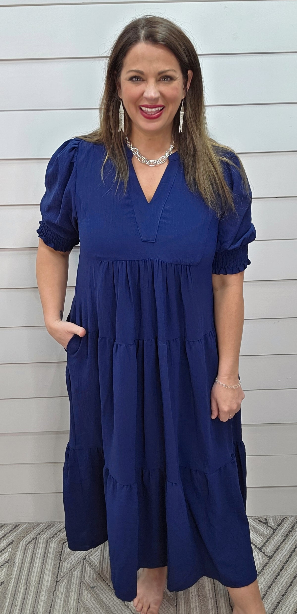 NAVY SOLID V NECK MIDI TIERED DRESS W/ SMOCKED SLEEVE