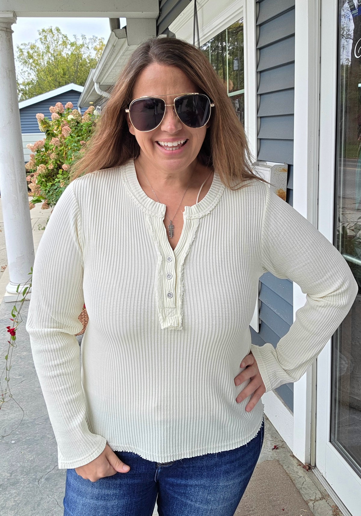 Cream Waffle Textured V Neck Button Knit Top