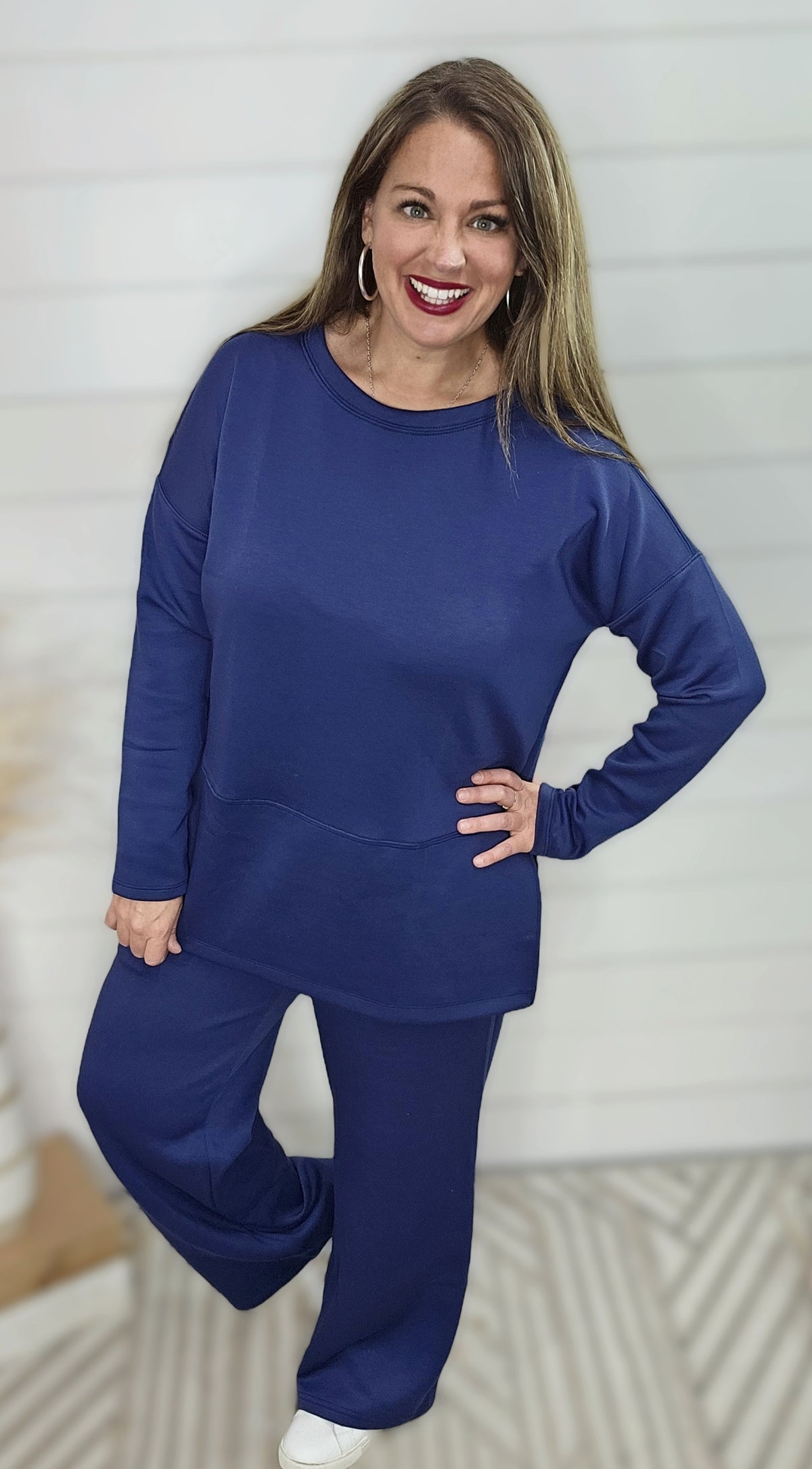 NAVY WRINKLE FREE WIDE LEG CREW NECK SET