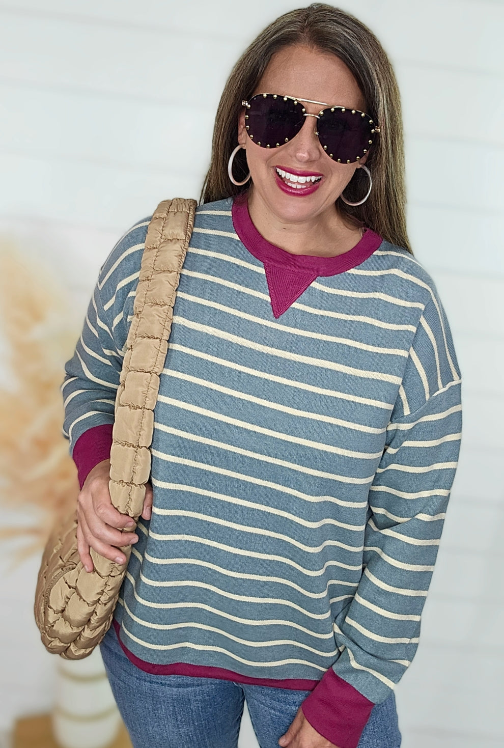 SLATE/MAGENTA STRIPED CREW NECK PULLOVER