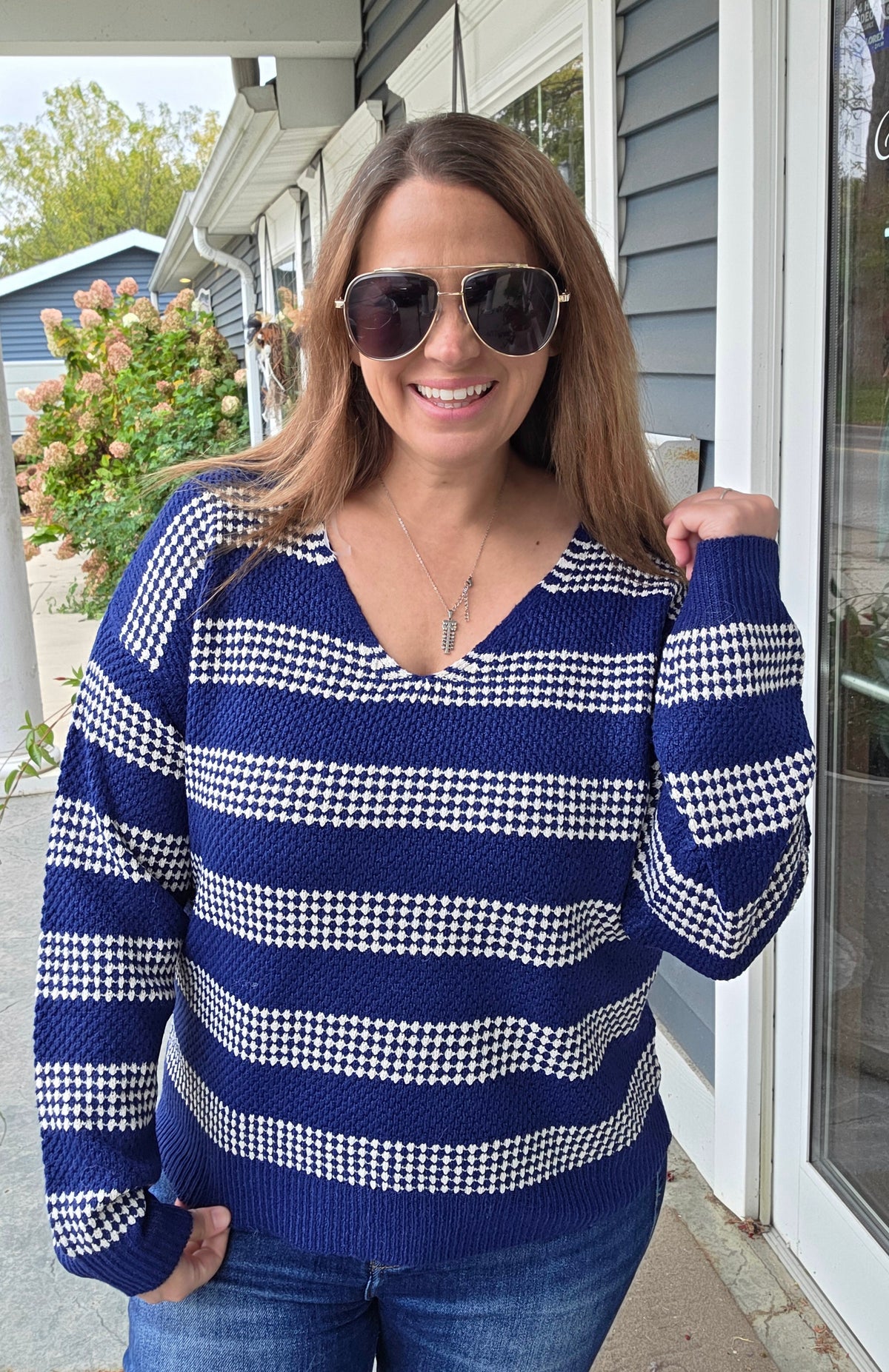 NAVY V-Neck Long Sleeve Relaxed Fit Waffle Texture Striped Pullover Sweater
