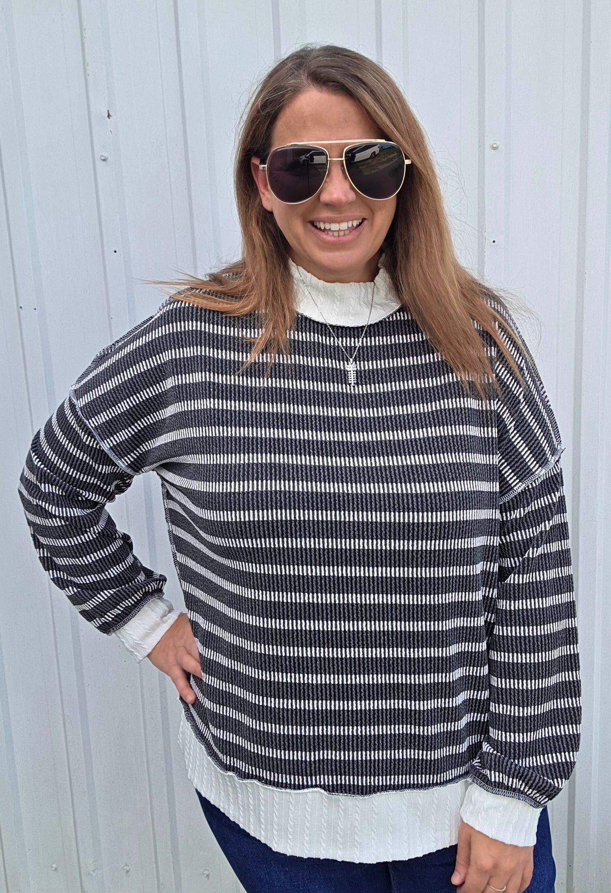 Charcoal Mock Neck Long Sleeve Oversized Loose Fit Striped Knit Top