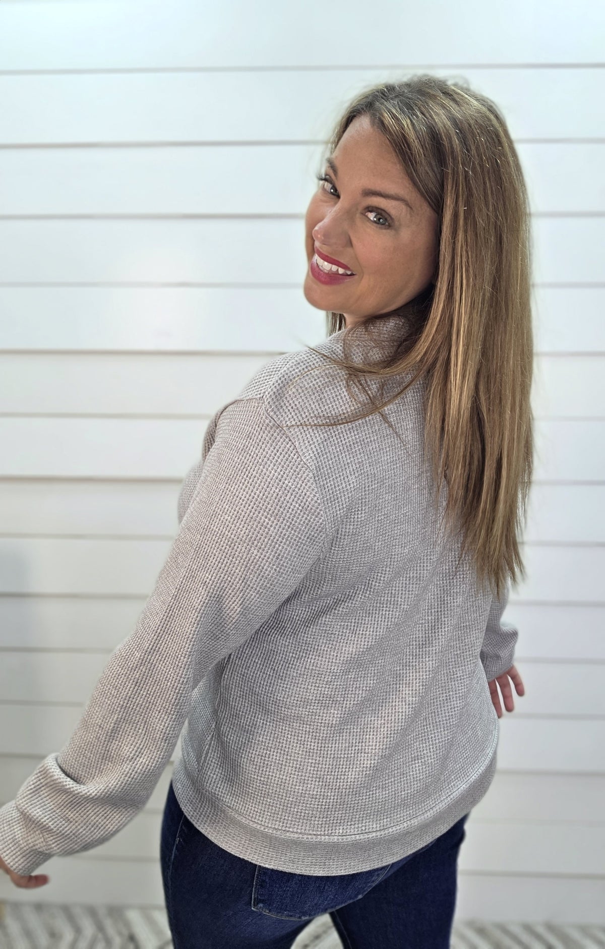 Heather Grey Waffle Knit Half Button Pullover
