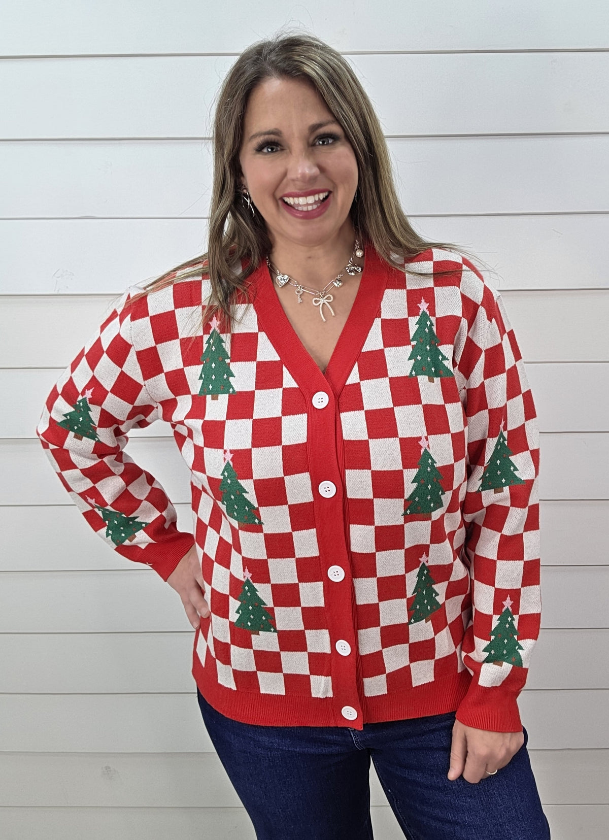 RED CHECKERED TREE BUTTON CARDIGAN SWEATER