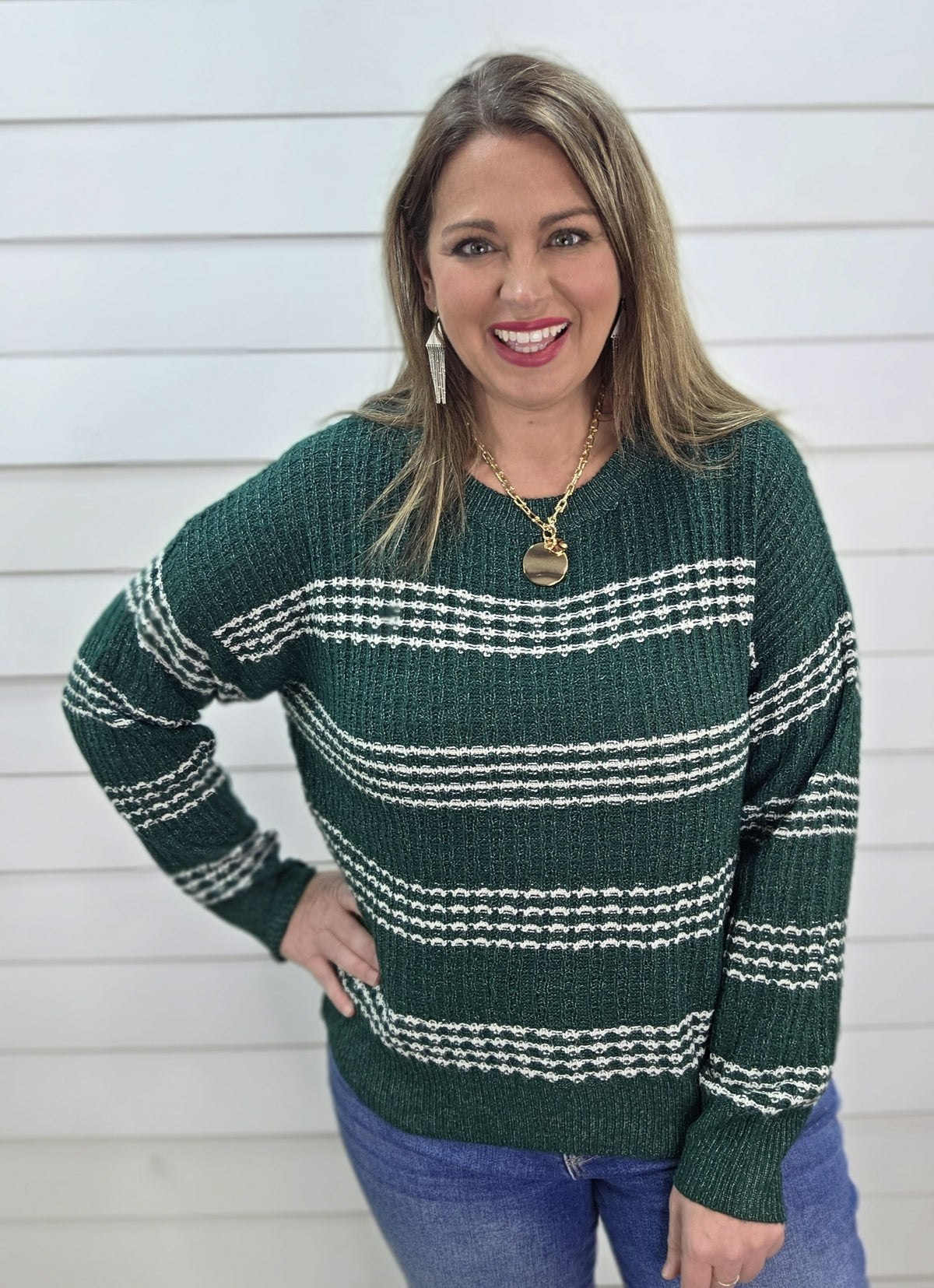 HUNTER GREEN STRIPED TEXTURED PULLOVER SWEATER