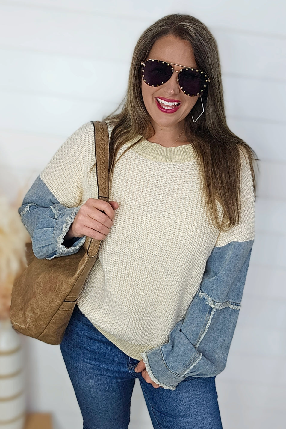 NATURAL/OATMEAL/DENIM CONTRAST PULLOVER SWEATER