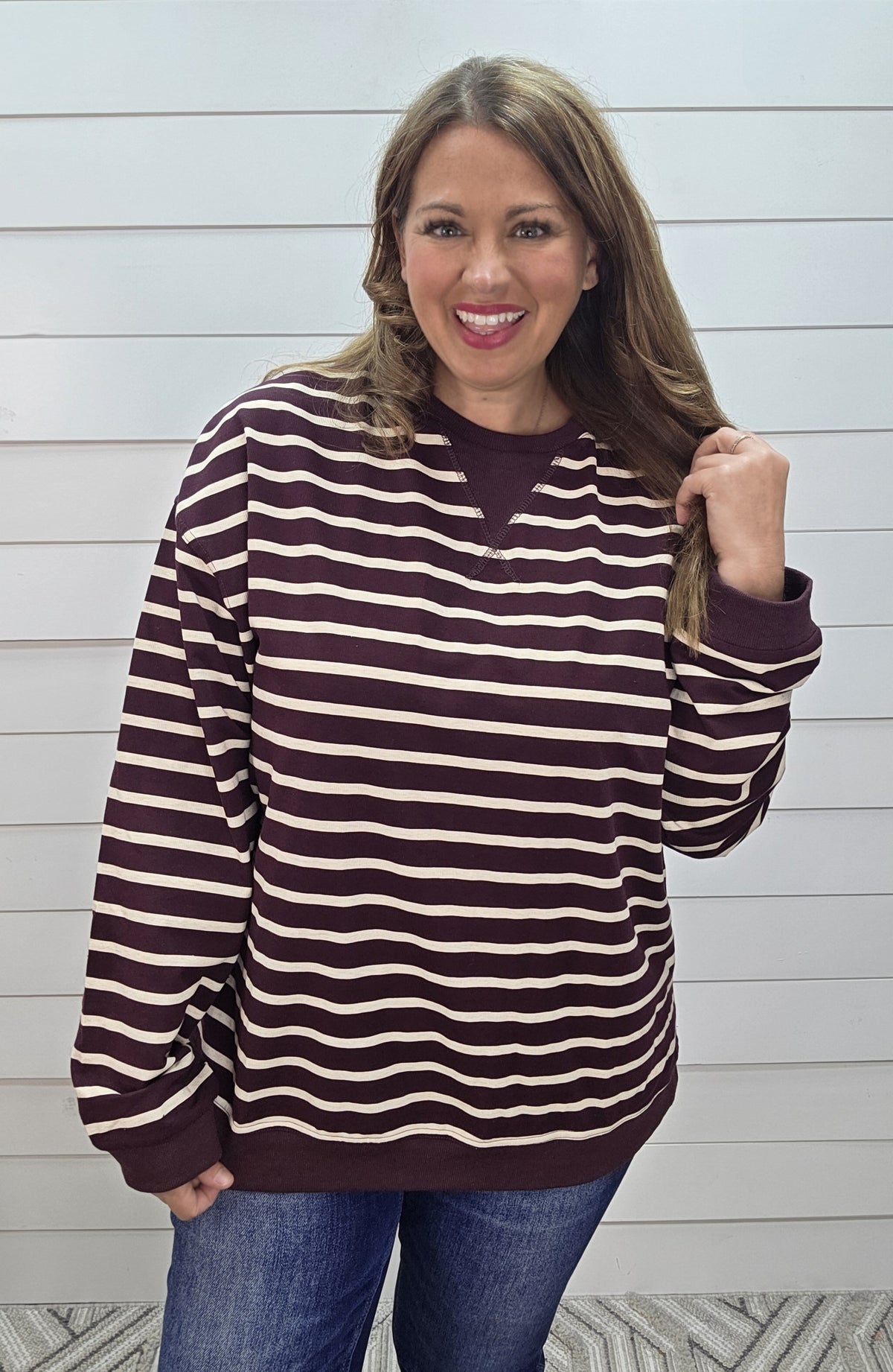 RASPBERRY STRIPED KNIT LOOSE FIT TOP