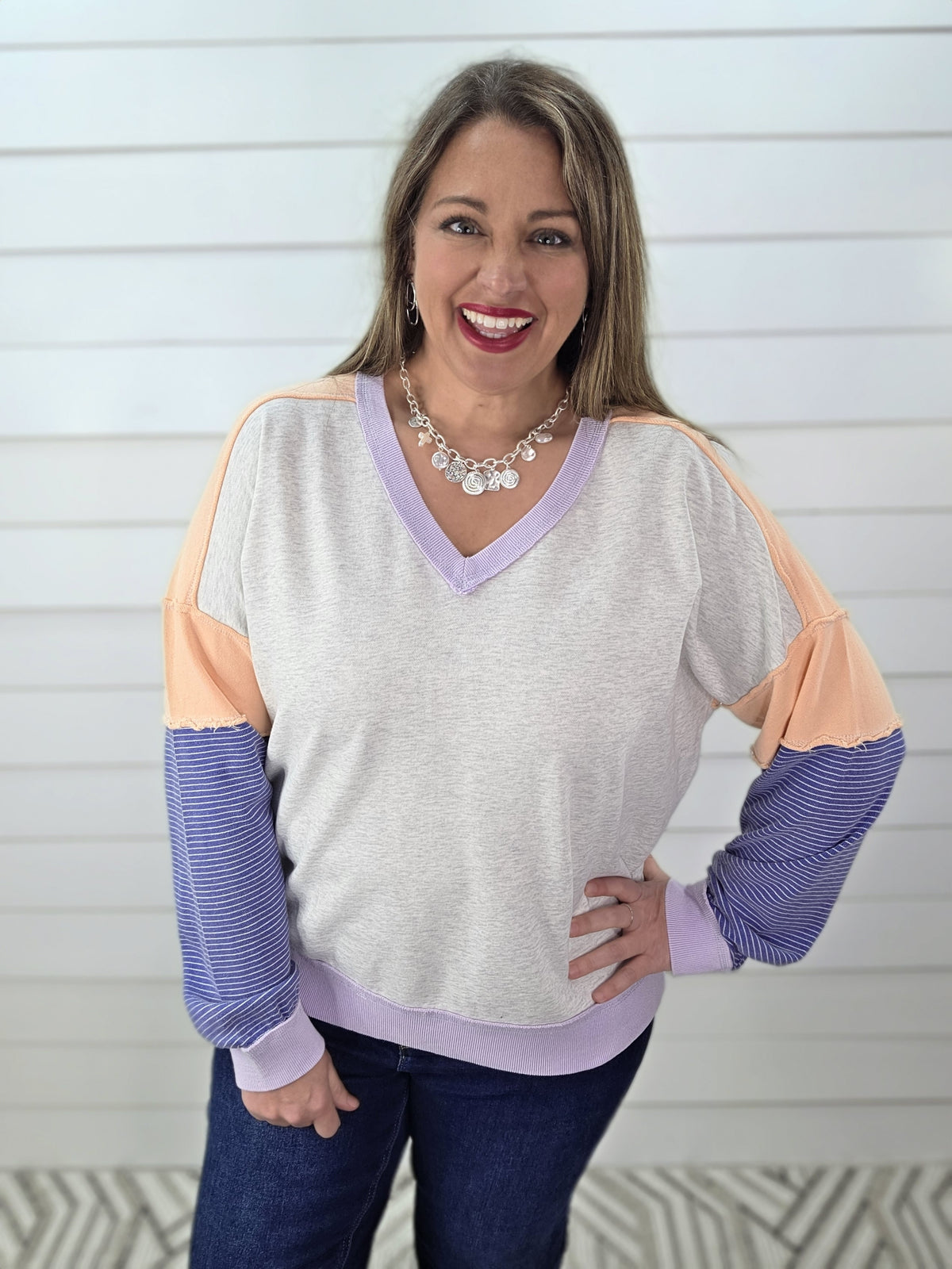 GREY/PEACH/BLUE CONTRAST V NECK PULLOVER