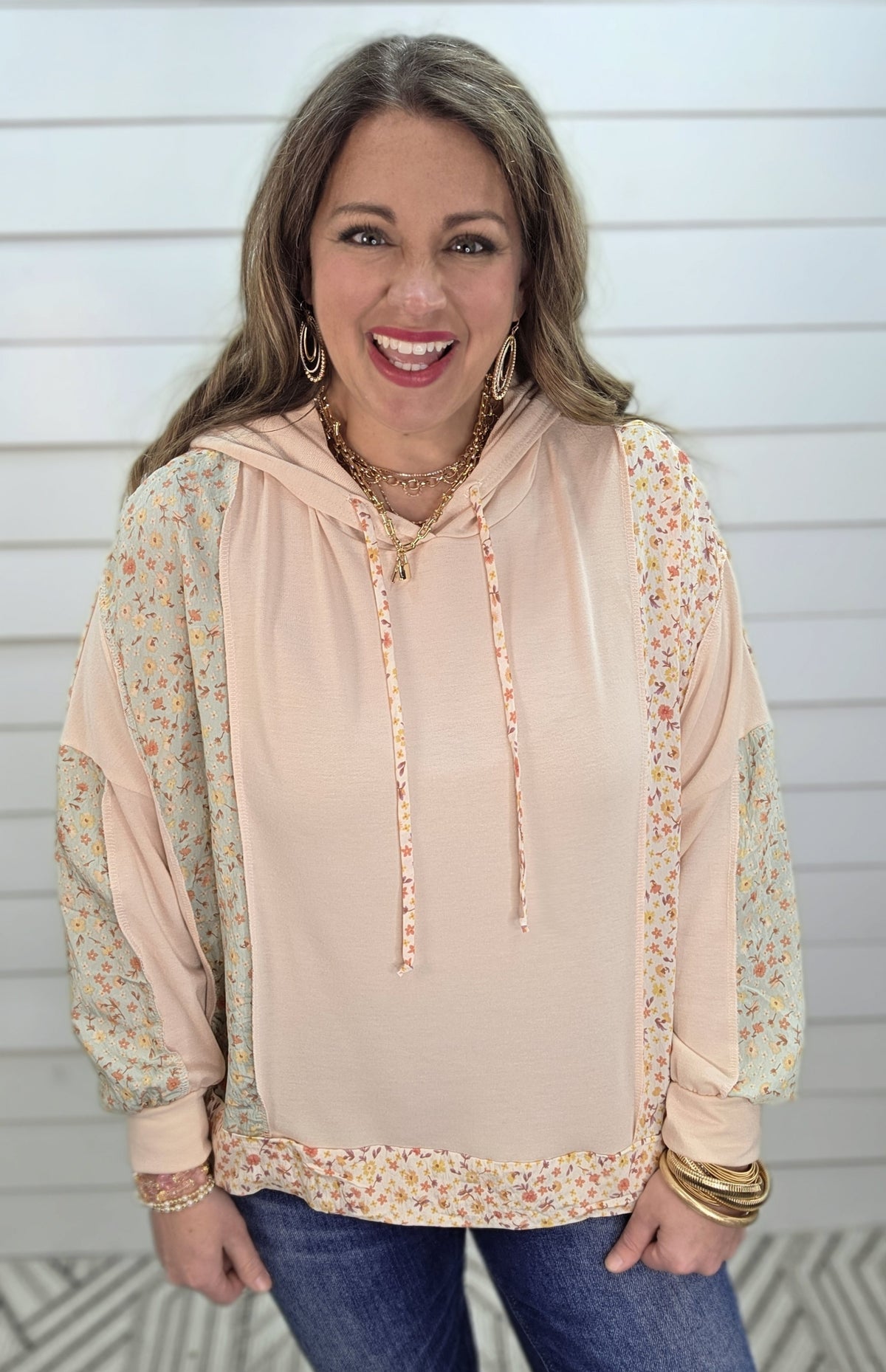 OATMEAL DITSY FLORAL CONTAST LOOSE FIT HOODIE