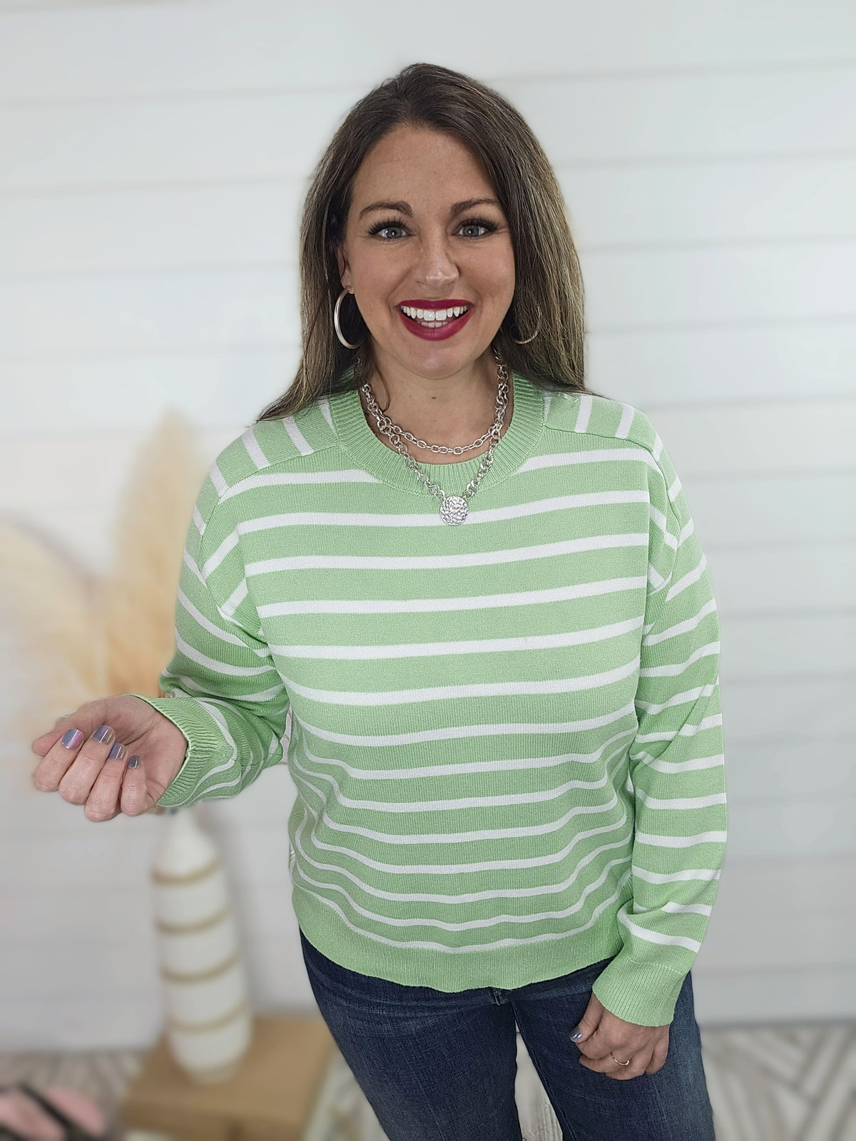 LIME/WHITE STRIPED SOFT  SWEATER