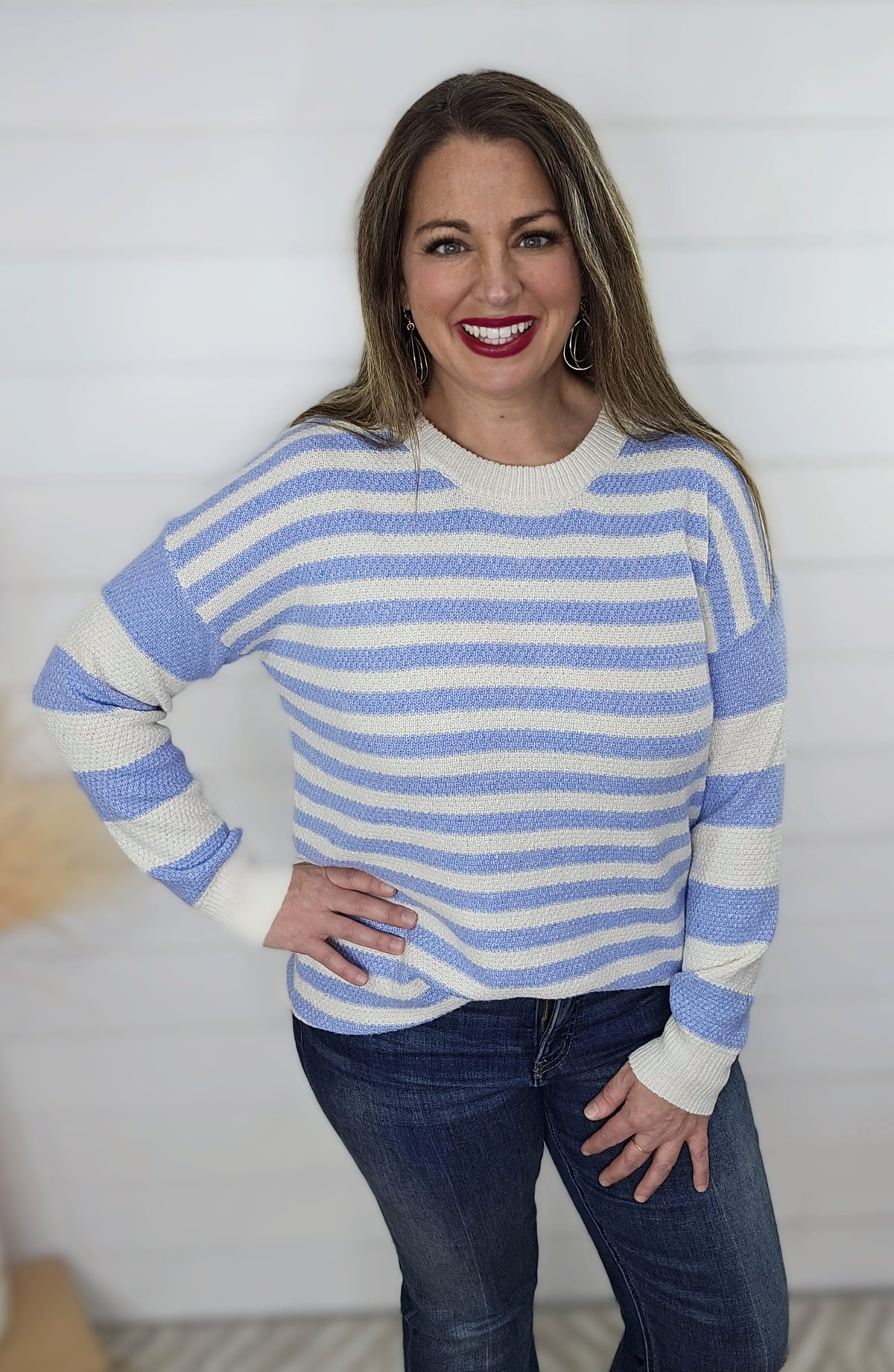 CHAMBRAY TEXTURED MULTI STRIPE LONG SLEEVE CREW NECK SWEATER