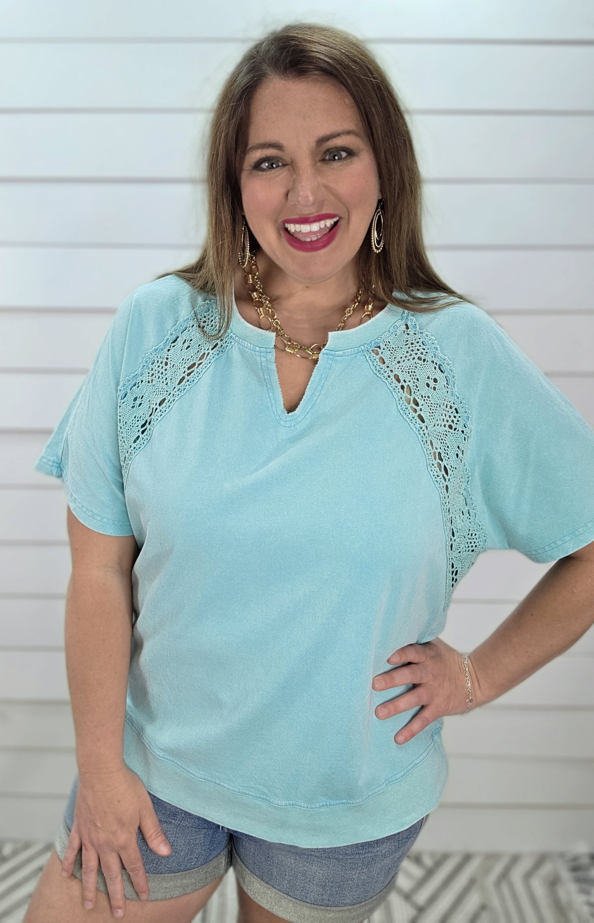 MINT MINERAL WASH LACE TRIM KNIT TOP