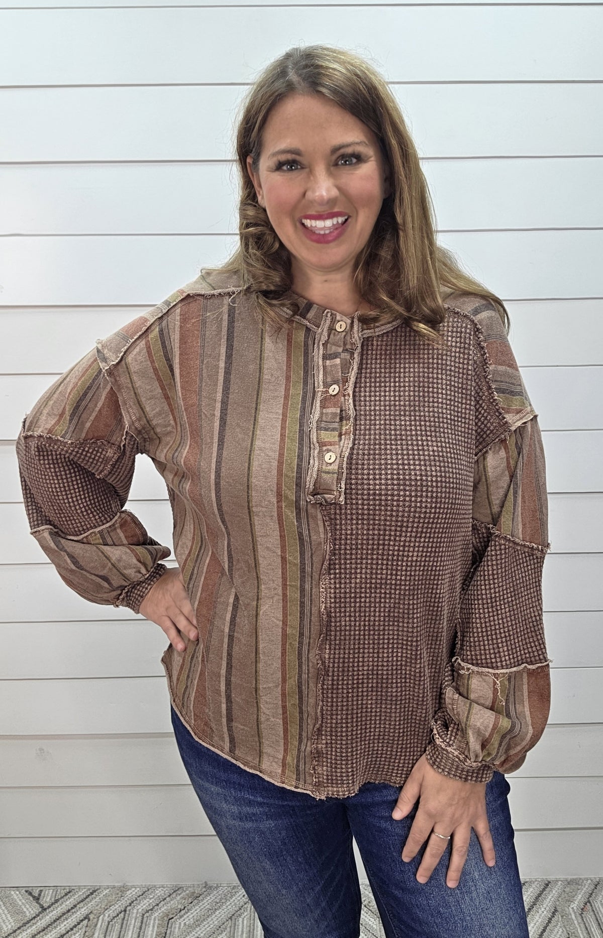 Chocolare Mineral Wash Half Striped Waffle Henley Top