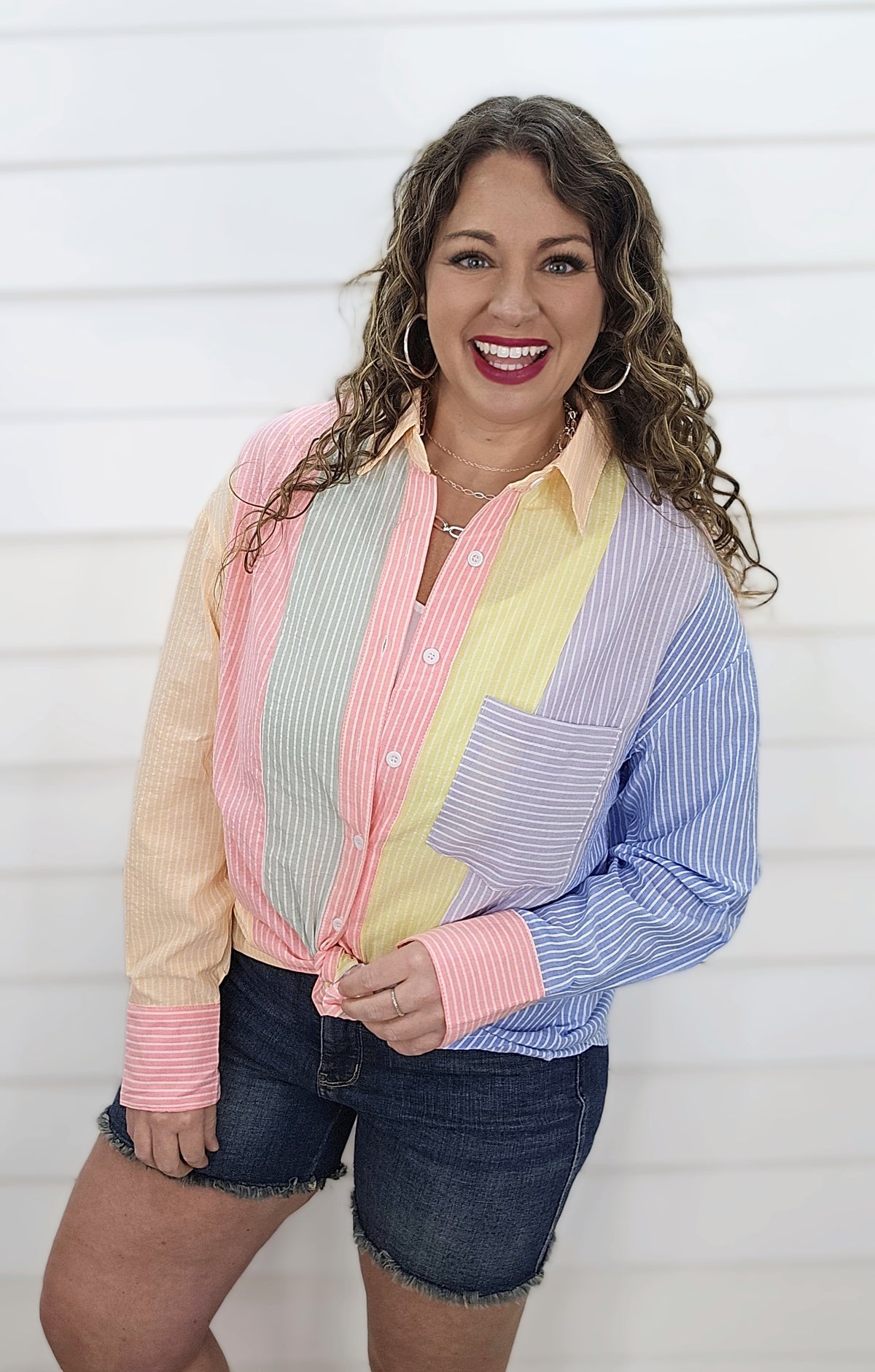 MULTI COLOR STRIPED BUTTON DOWN TOP