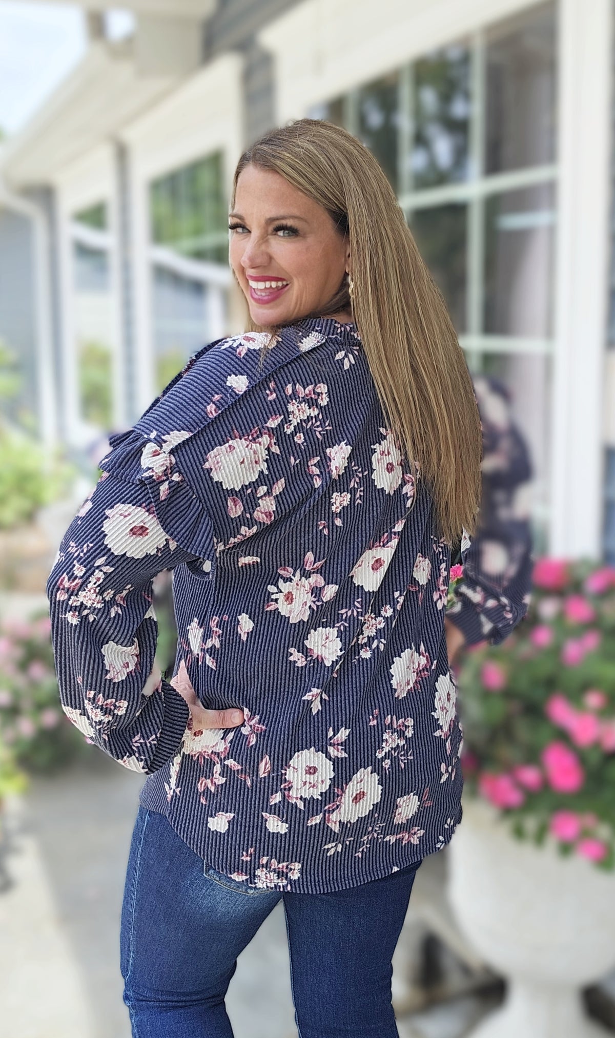 NAVY FLORAL RAISED RIBBED V NECK TOP W/ RUFFLE LONG SLEEVE DETAIL