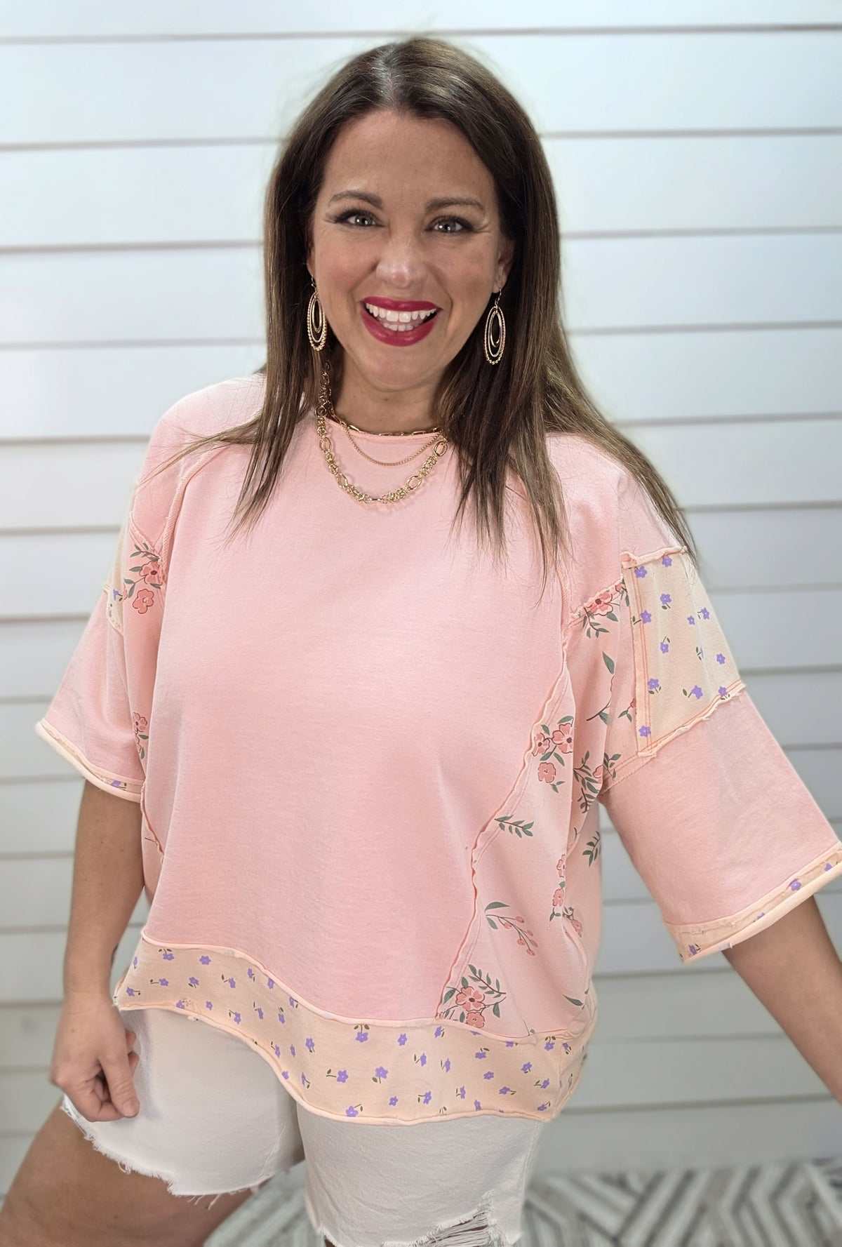 PINK 3/4 SLEEVE FLORAL CONTRAST FRENCH TERRY OVERSIZED TOP