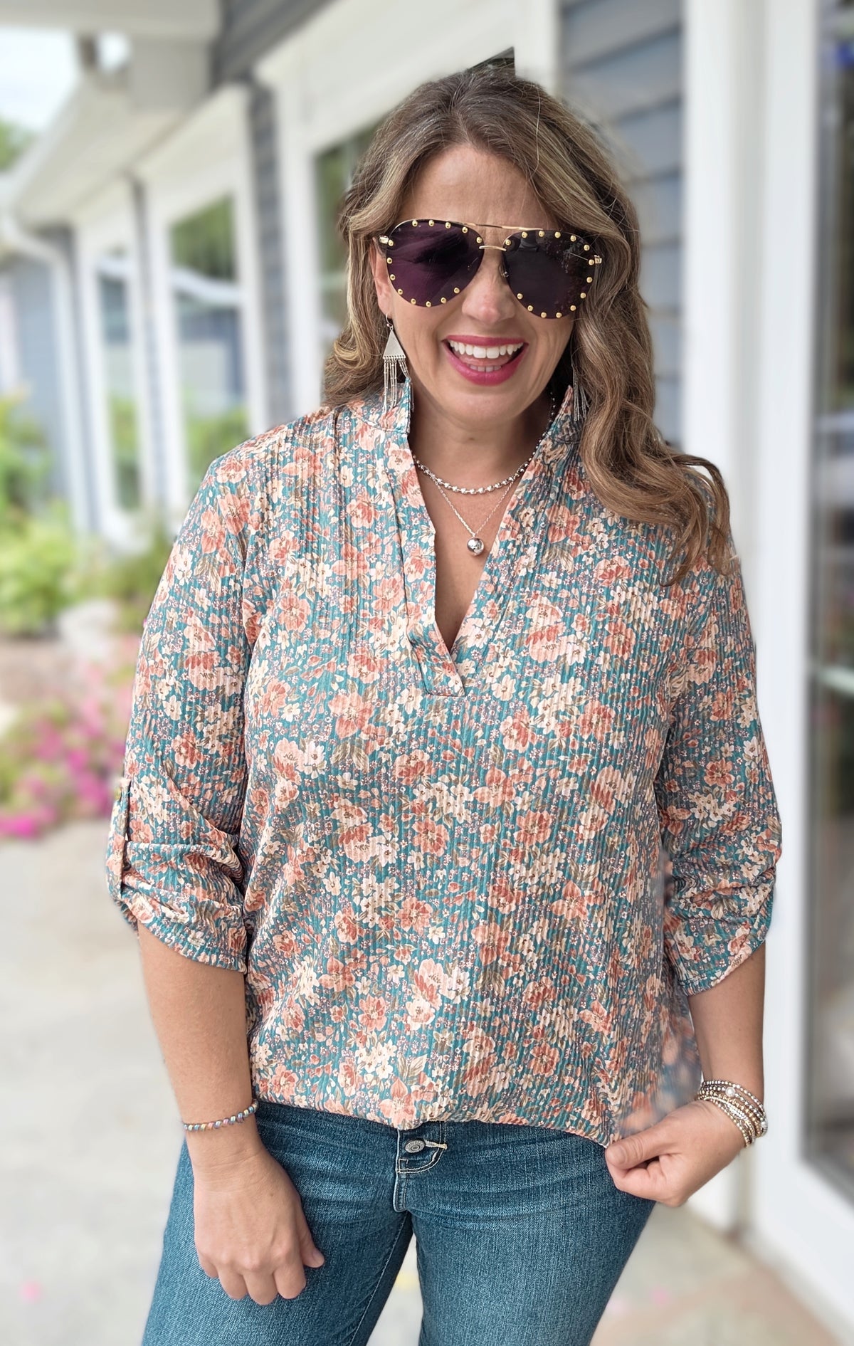 TEAL RIBBED FLORAL 3/4 SLEEVE KNIT TOP