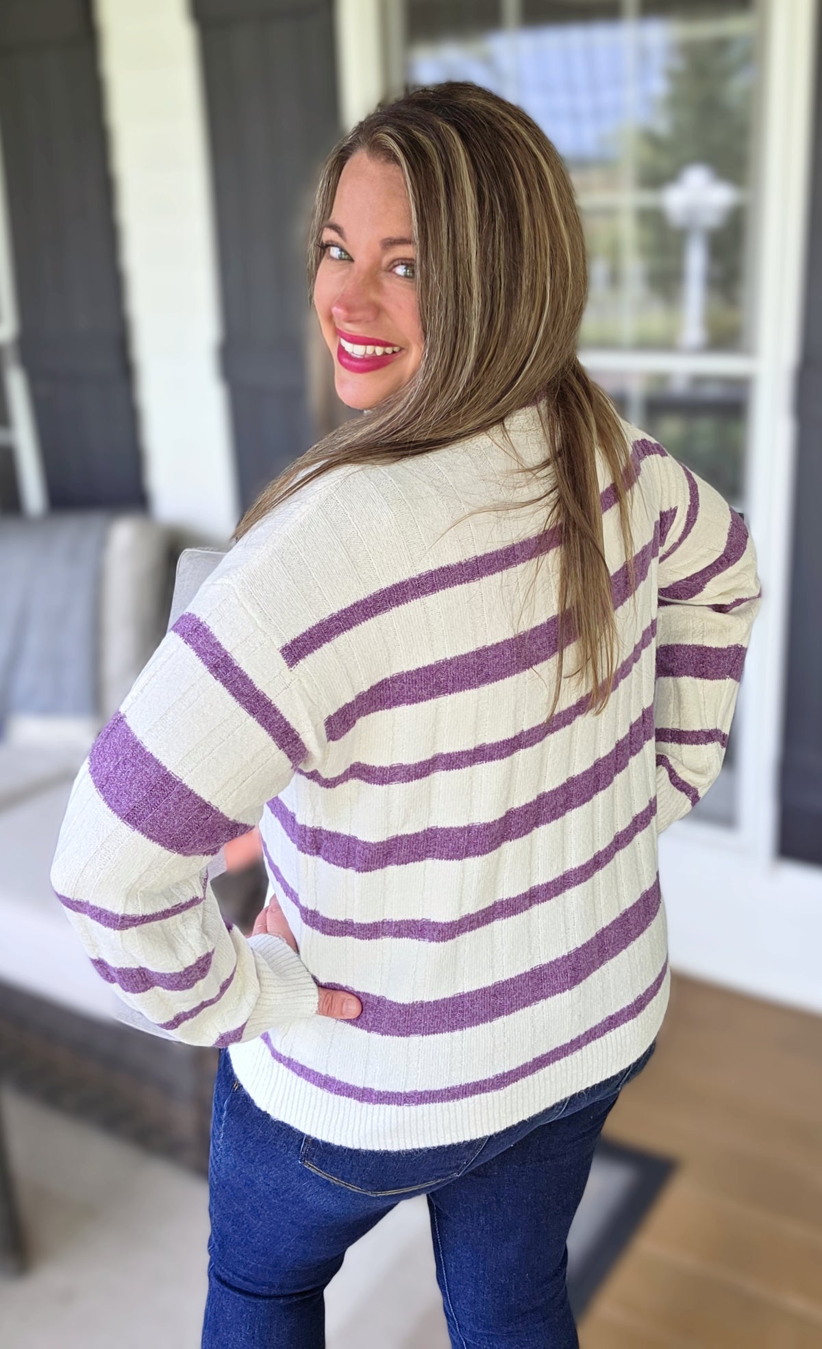CREAM/PURPLE STRIPED MOCK NECK PULLOVER SWEATER