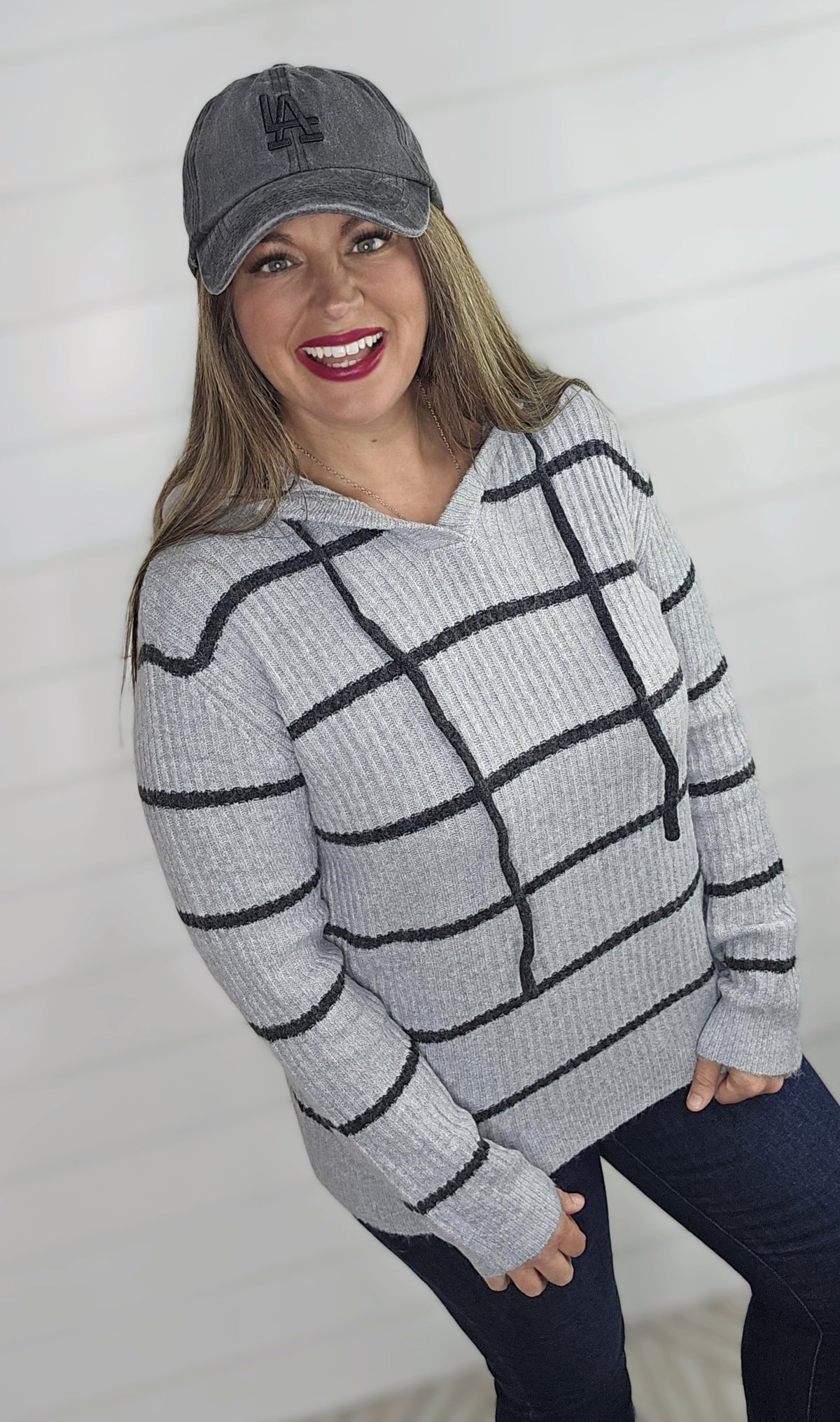 HEATHER GREY HOODED RIBBED STRIPED SWEATER PULLOVER