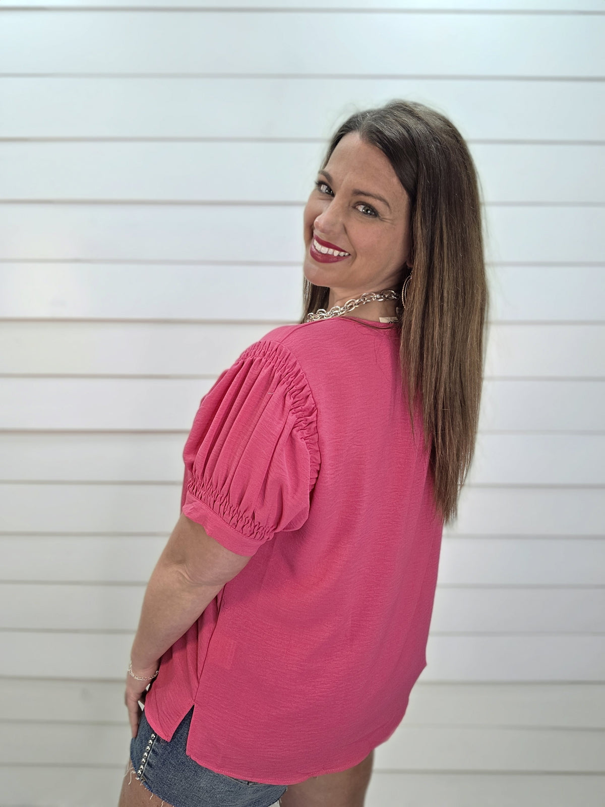 FUCHSIA AIR FLOW SMOCKED SHORT SLEEVE TOP
