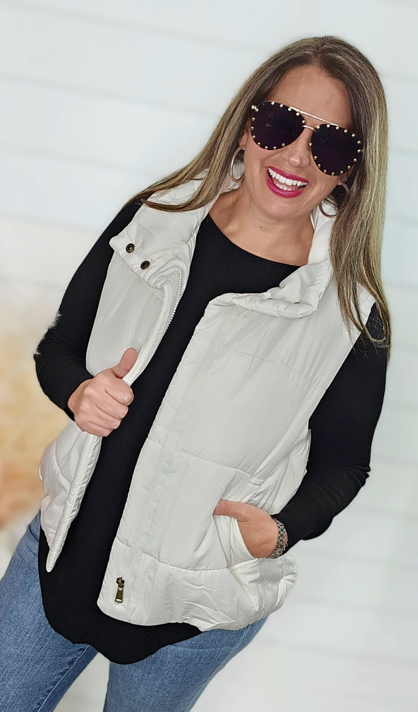 IVORY SOLID ZIP UP PUFF VEST