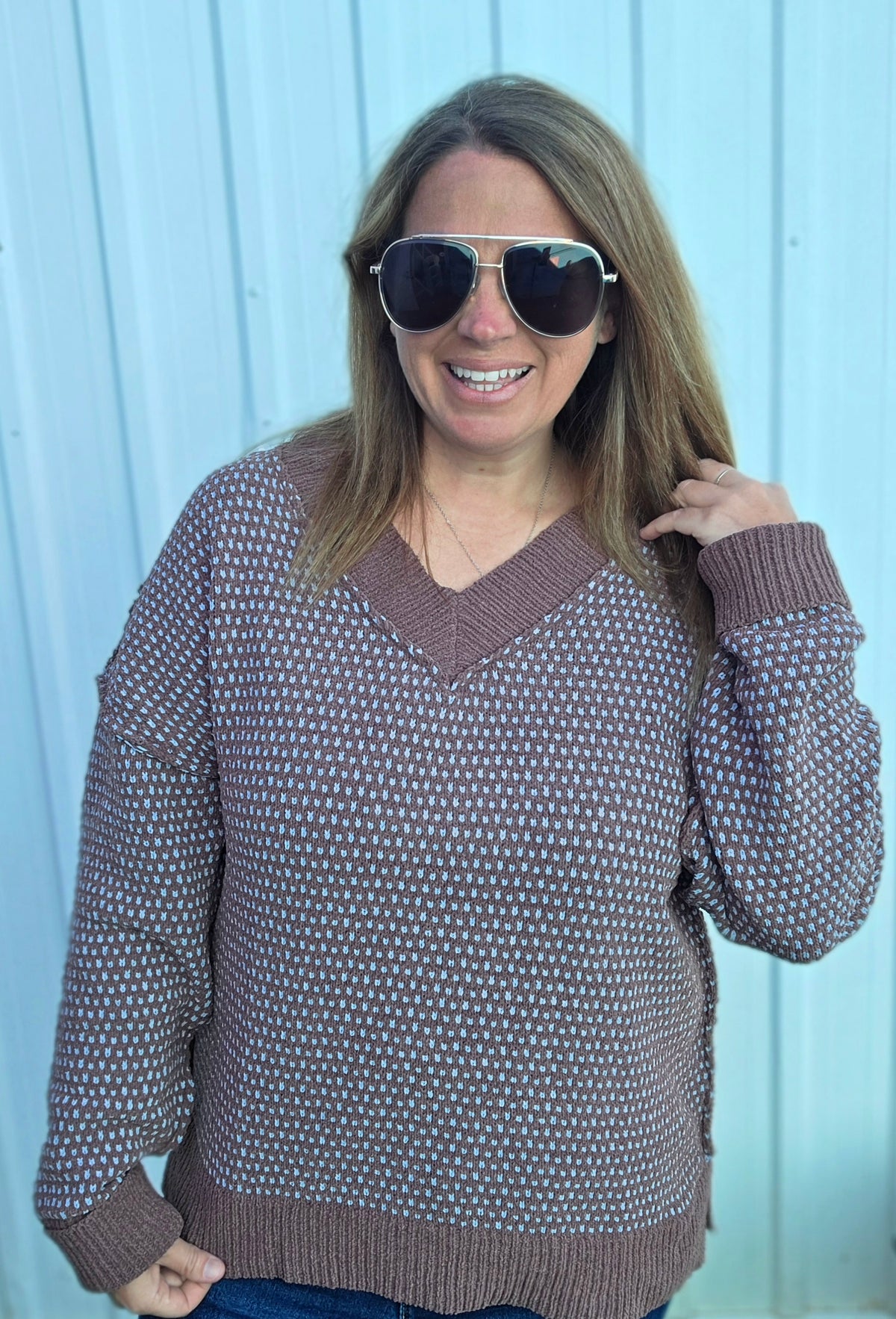 Chocolate/Blue V Neck Plush Sweater