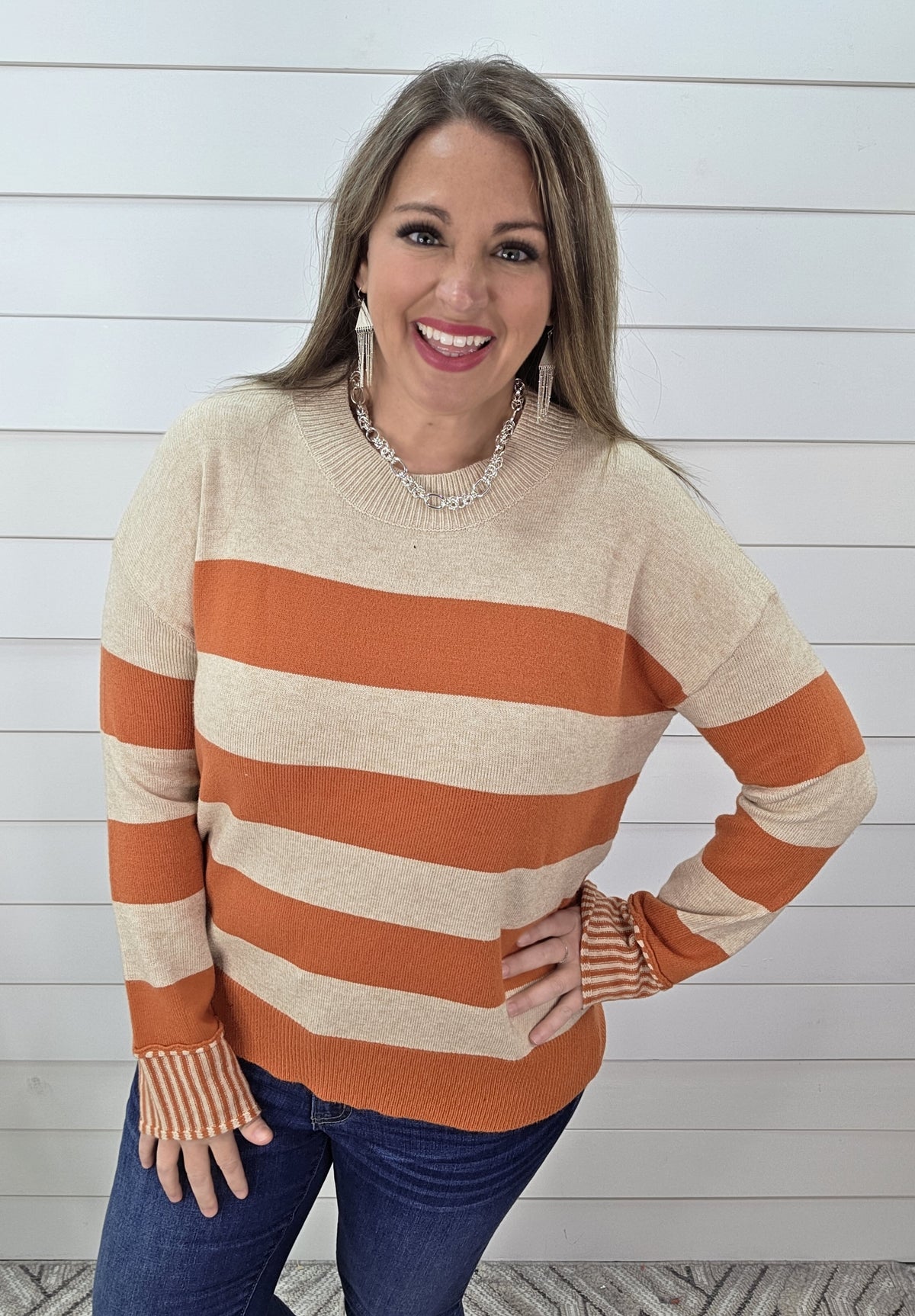 PUMPKIN STRIPED PULLOVER KNIT SWEATER WITH CONTRAST CUFFS