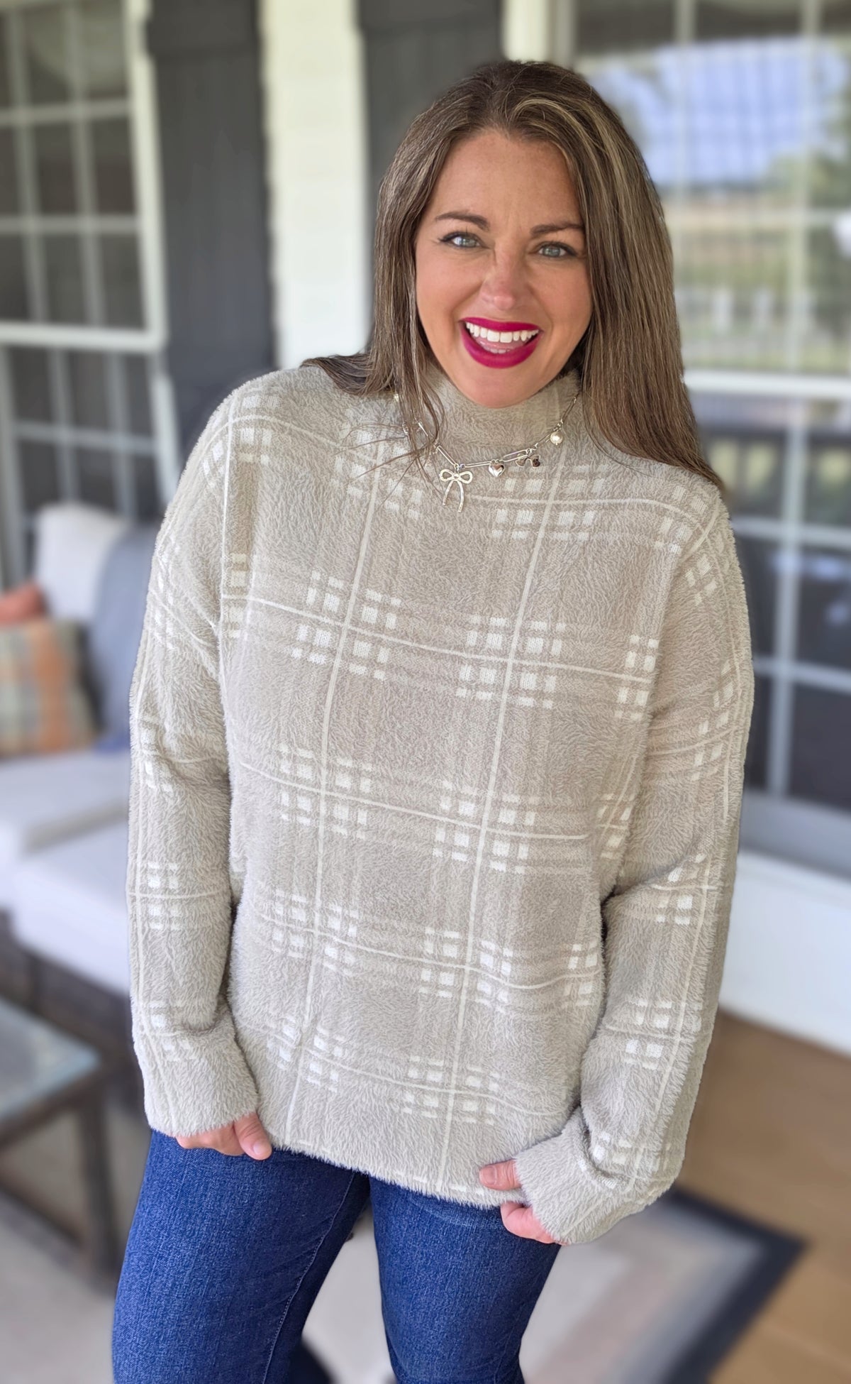 MOCHA/CREAM FUZZY SOFT MOCK NECK CHECK PRINT SWEATER