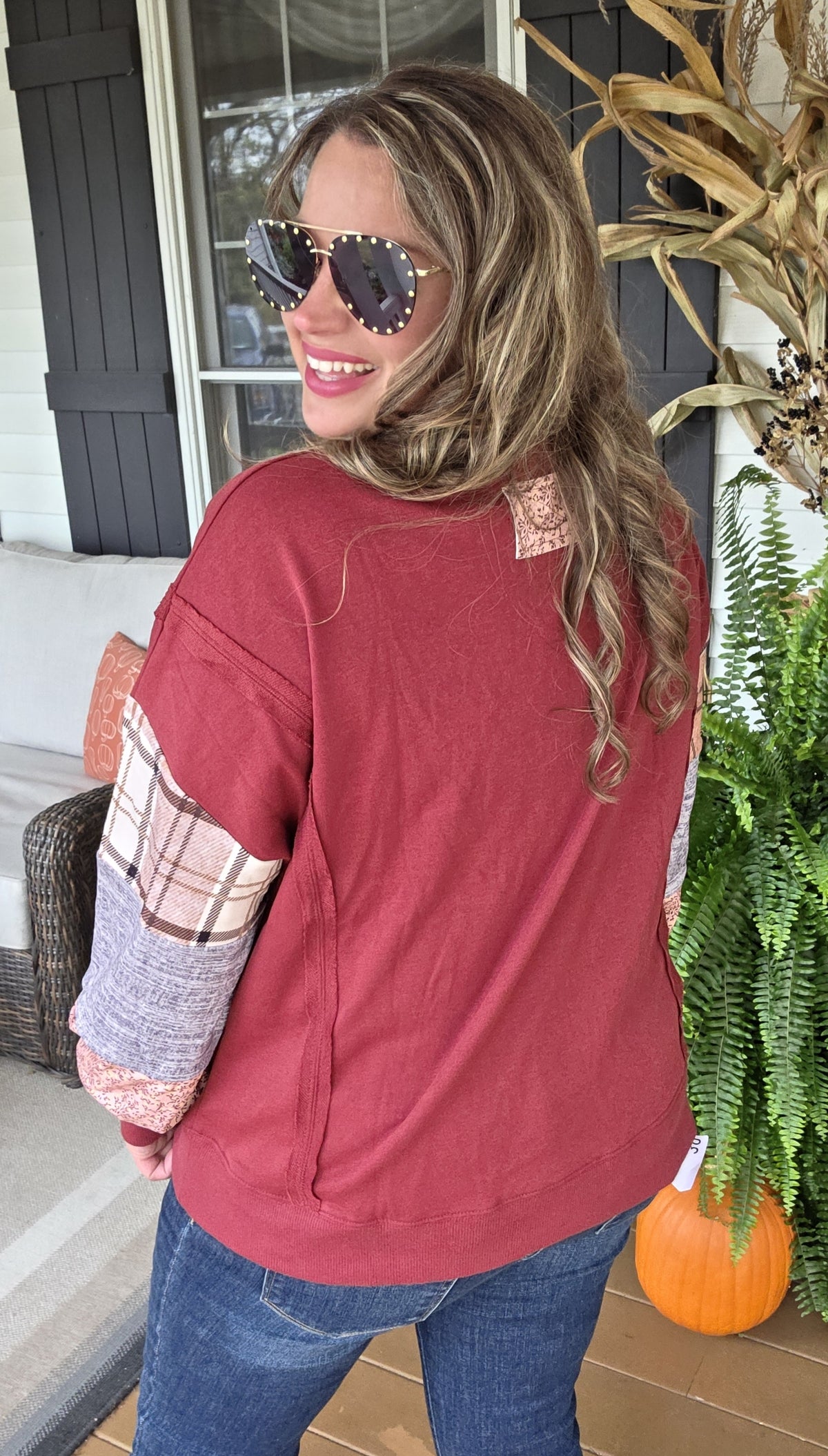 BURUGNDY FRENCH TERRY CONTRAST SLEEVE KNIT TOP