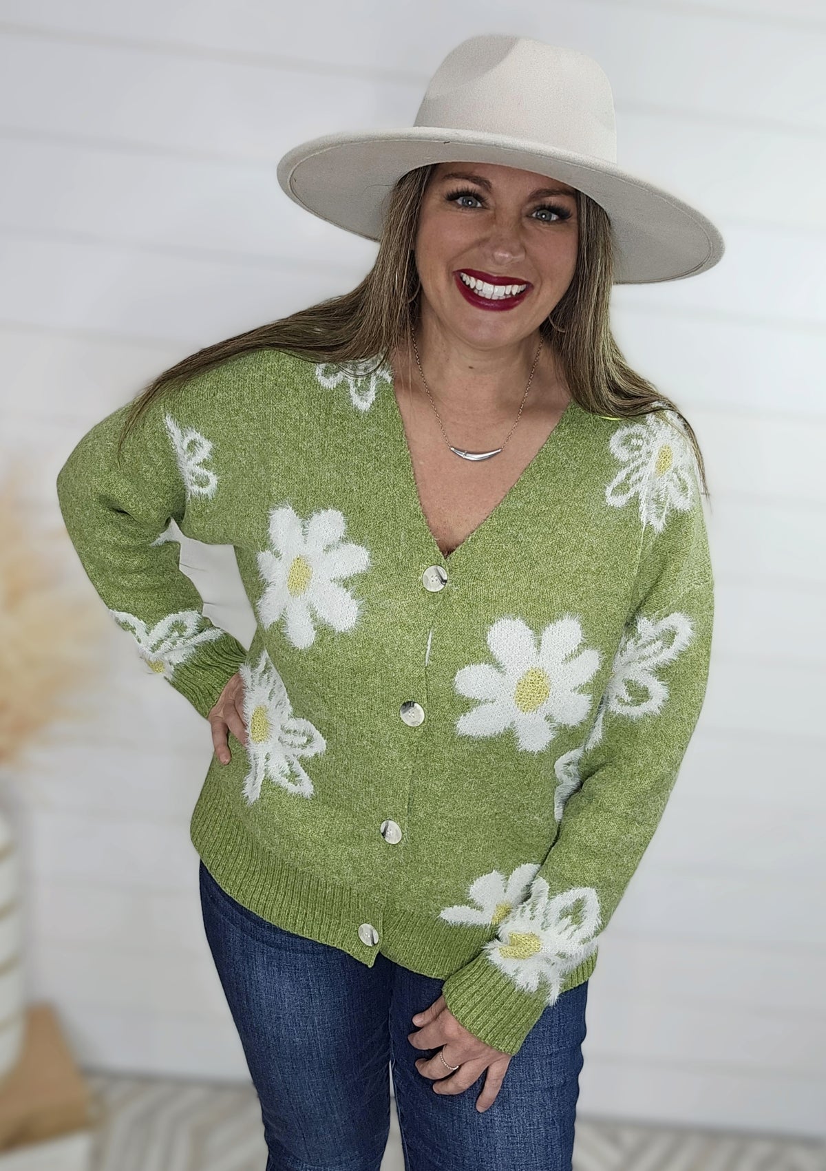 GREEN FLORAL FUZZY BUTTON CARDIGAN SWEATER