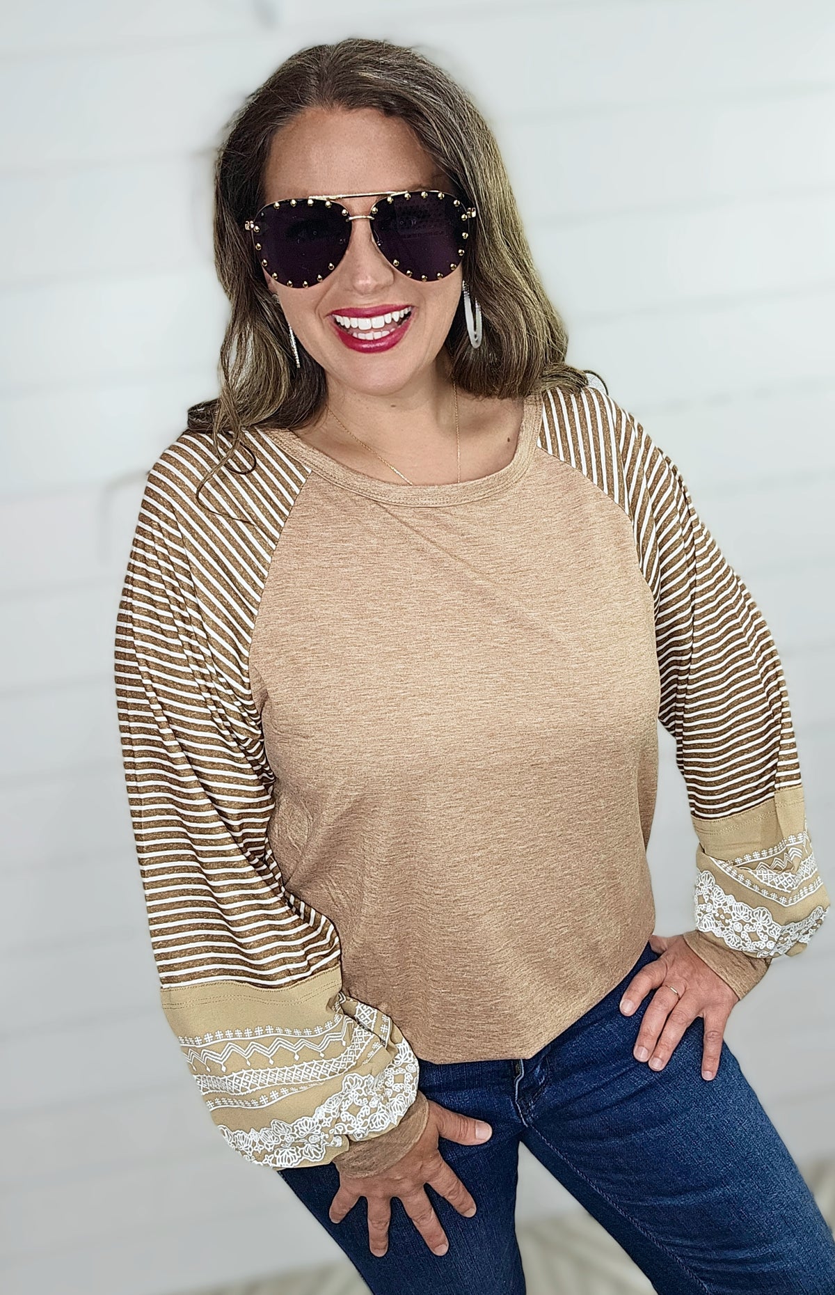 MOCHA CONTRAST SLEEVE KNIT TOP