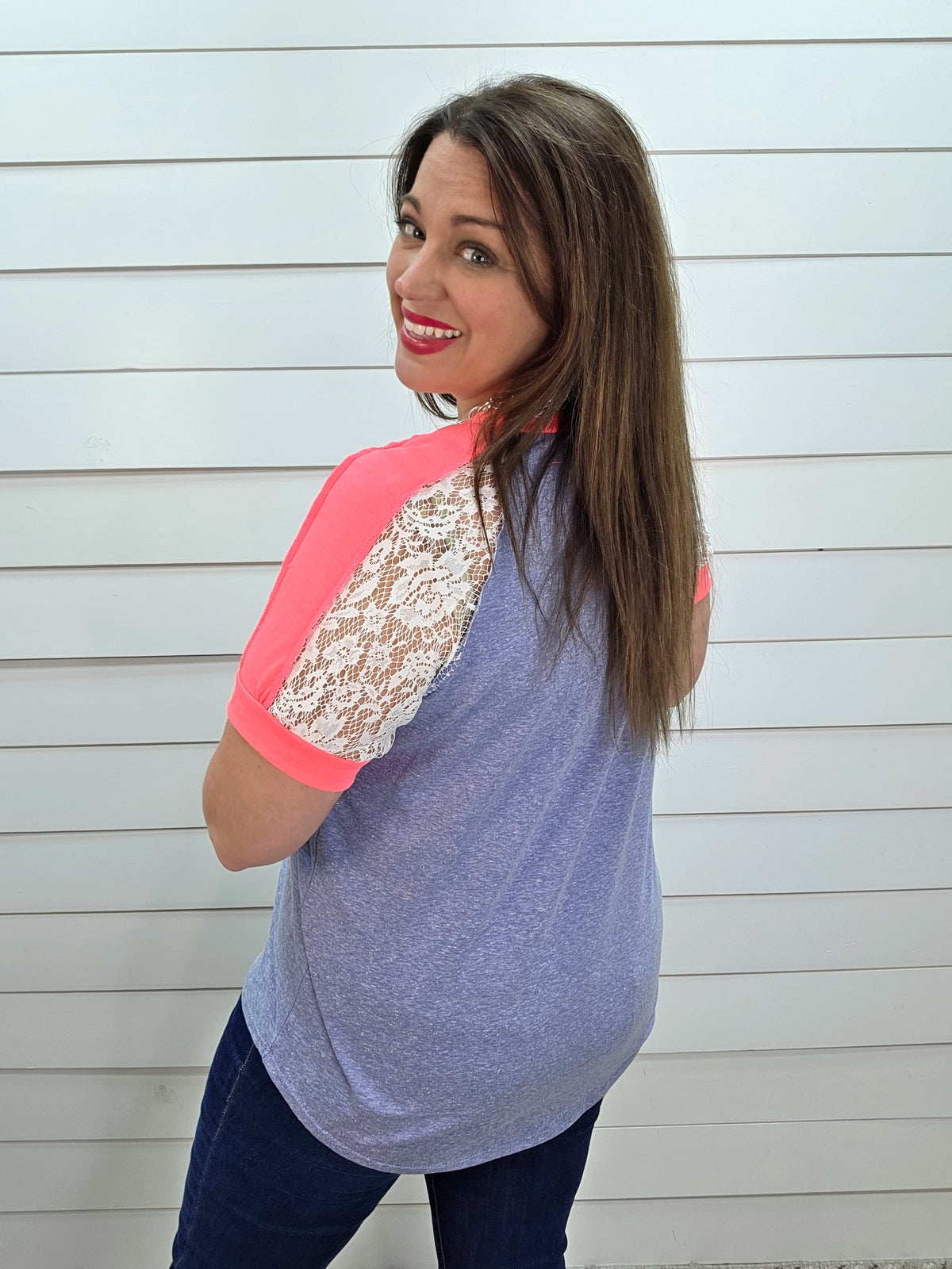 HEATHERED DENIM BLUE COTTON BLEND KNIT TOP W/ HOT PINK AND LACE TRIM