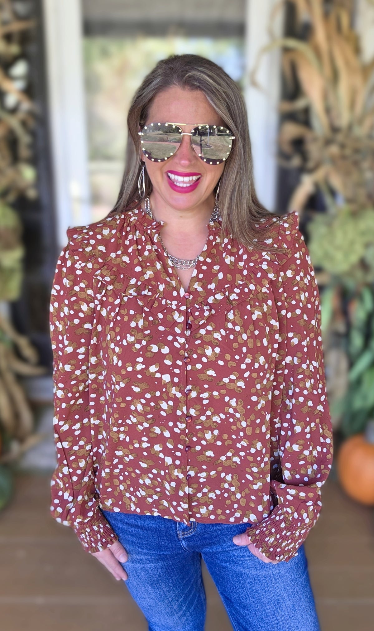 RUST PRINTED RUFFLE TRIM BUTTON DOWN BLOUSE