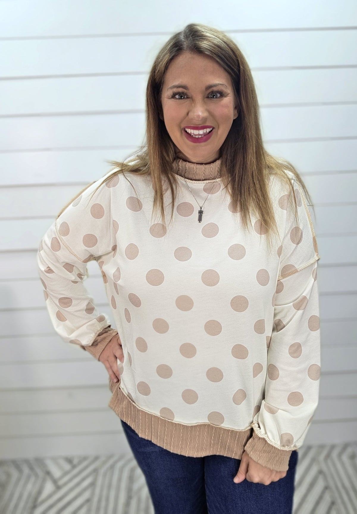 IVORY/TAUPE POLKA DOT KNIT TOP