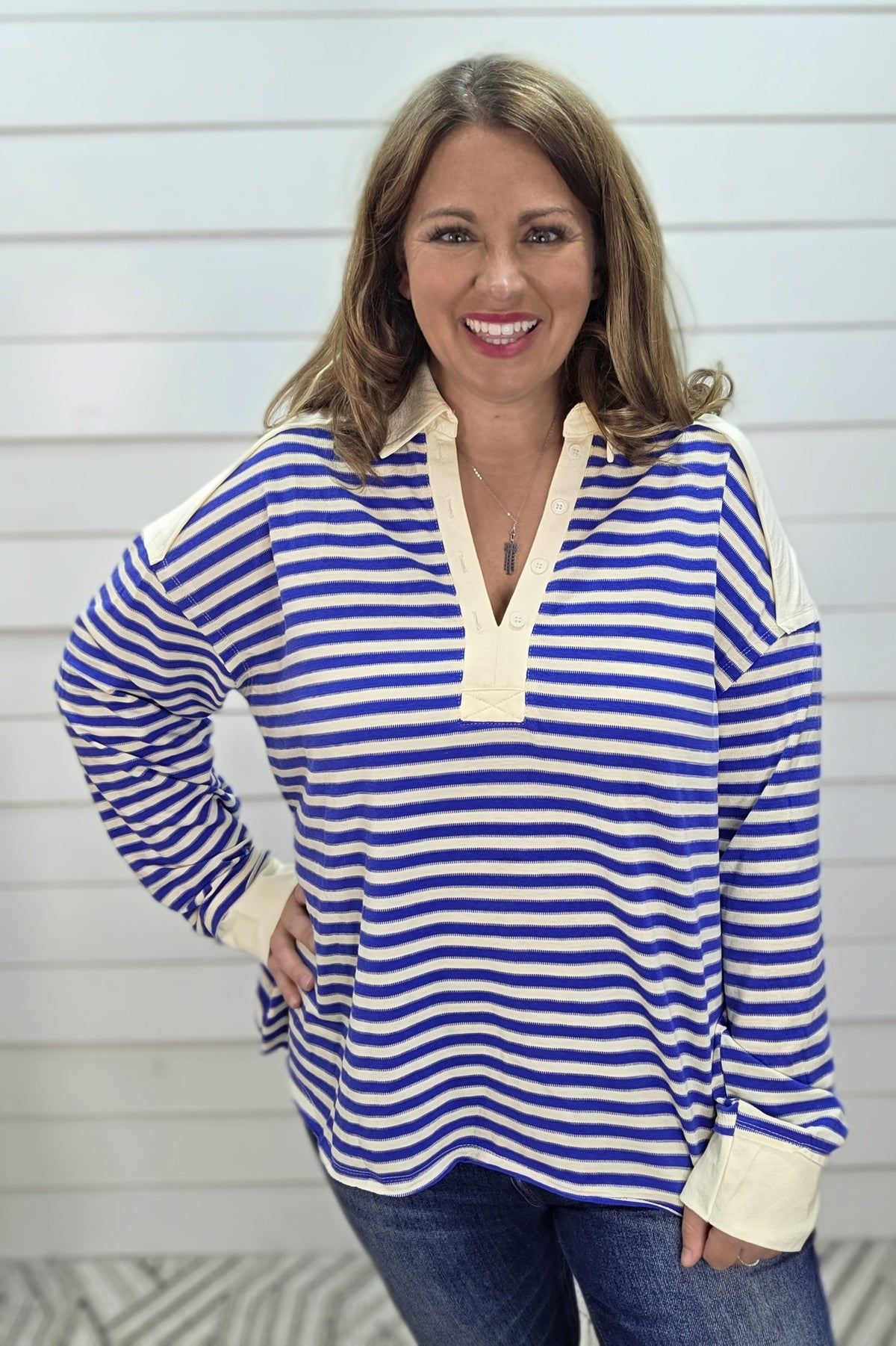 BLUE LOOSER FIT STRIPED LONG SLEEVE TOP