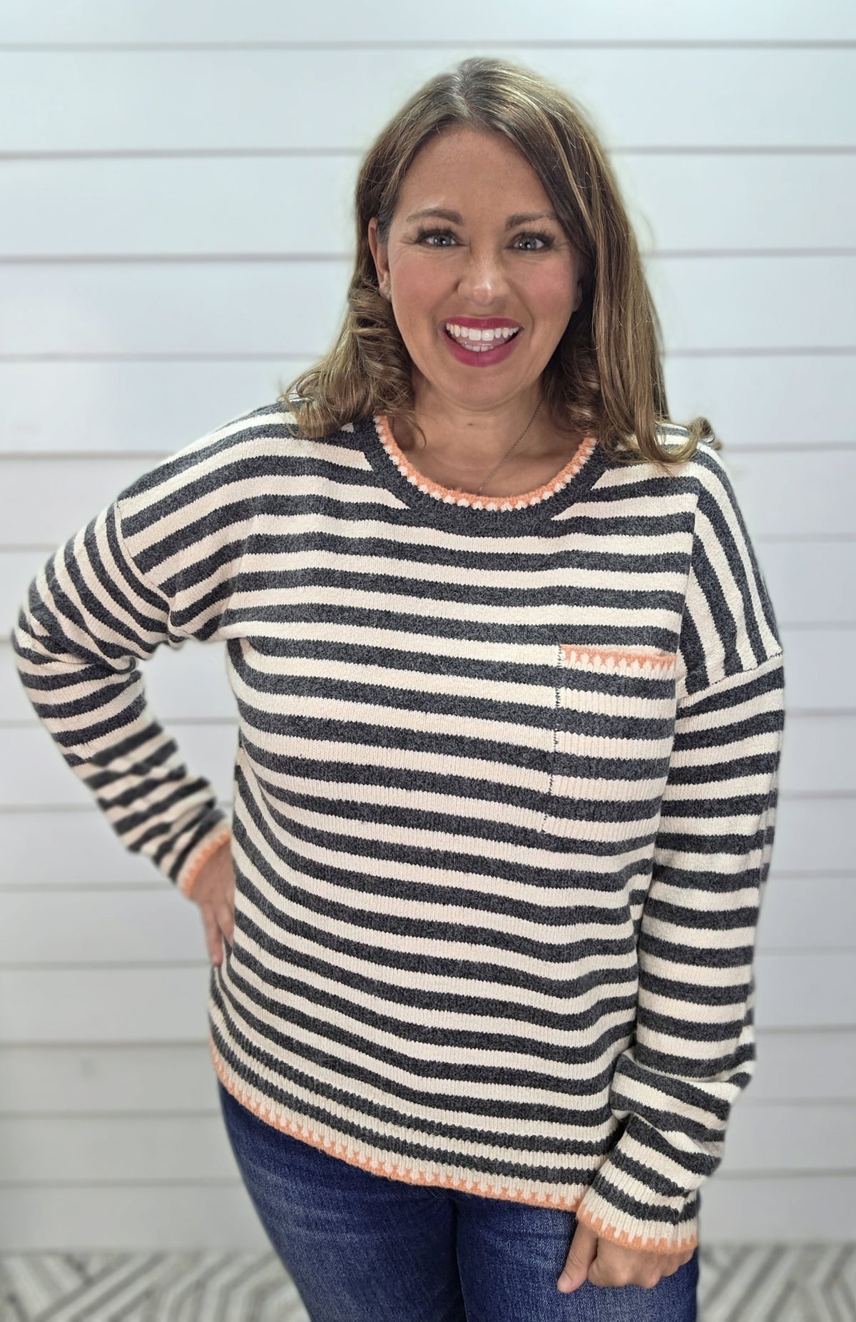 GUN METAL Pop Color Blanket Stitch Finished Chest Pocket Long Sleeve Striped Sweater