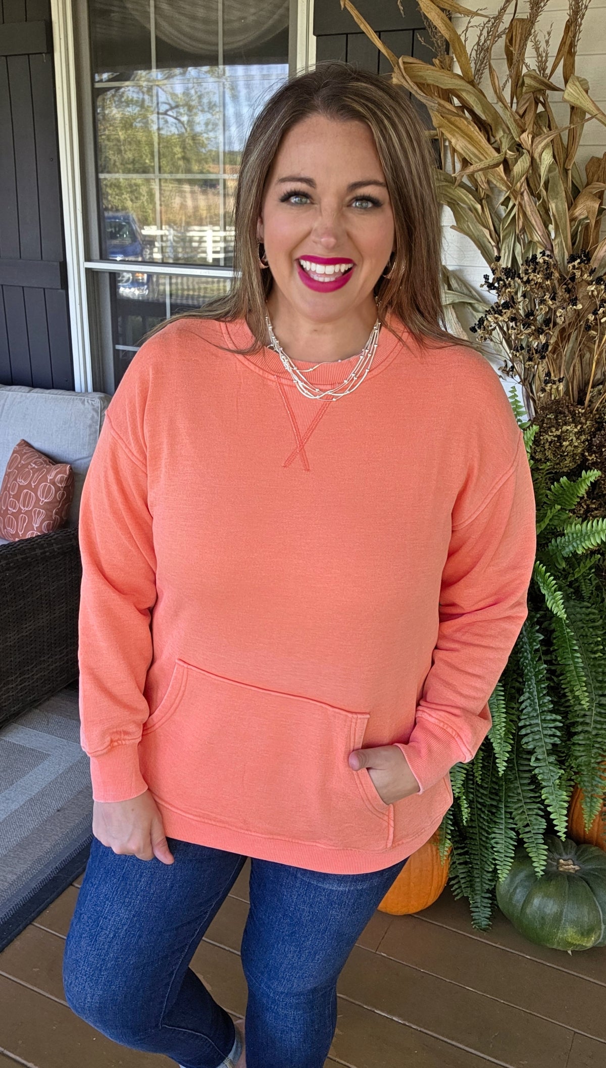 HOT CORAL MINERAL WASH PULLOVER W/ KANGAROO POCKET