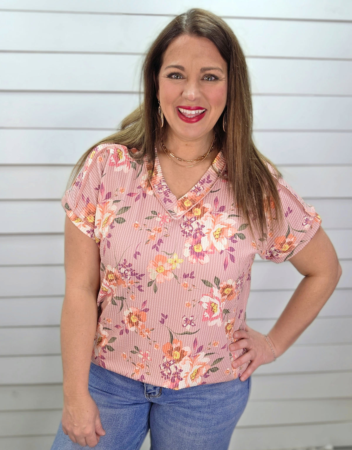 DUSTY PINK FLORAL RAISED RIBBED V NECK KNIT TOP