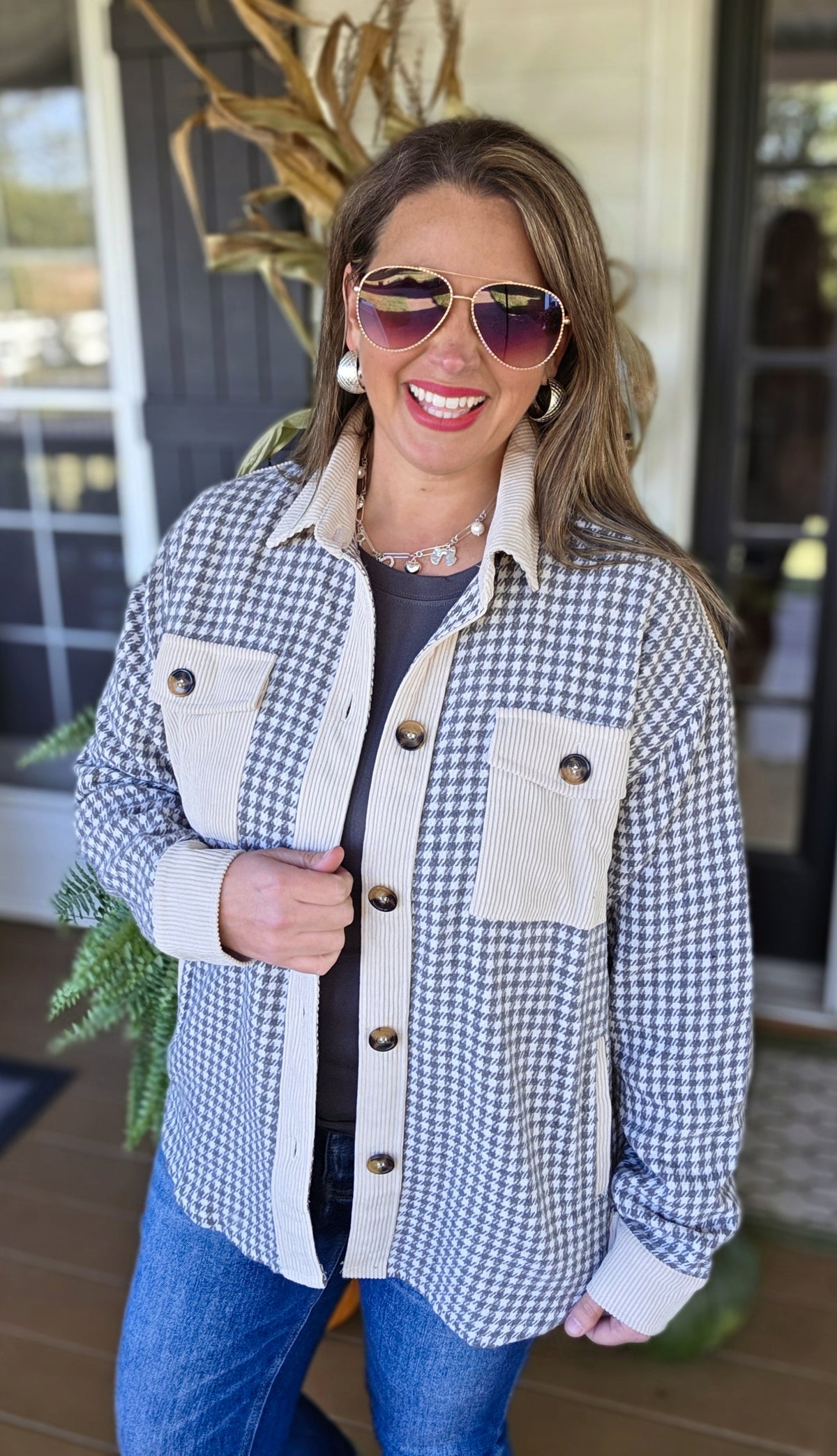 GREY MINI CHECK/CORD CONTRAST SHACKET WITH SIDE POCKETS