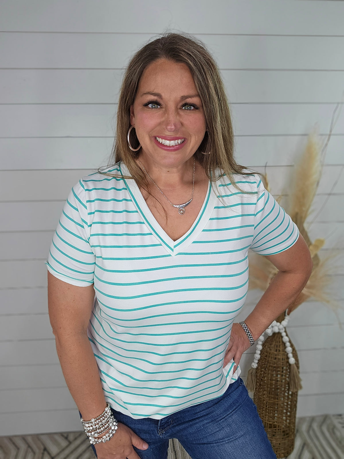 MINT STRIPED BUTTER SOFT V NECK TOP