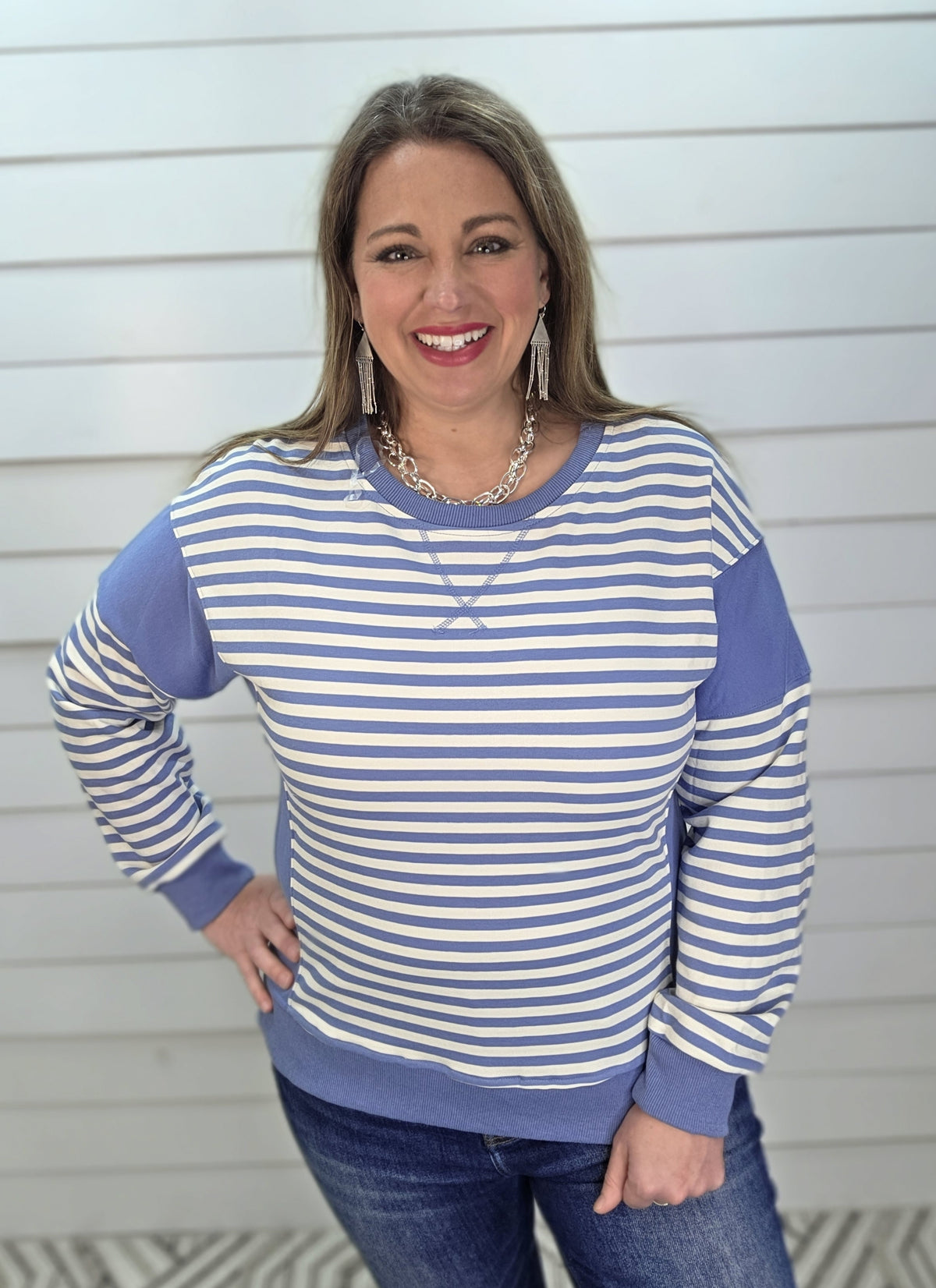 LT BLUE STRIPED FRENCH TERRY PULLOVER